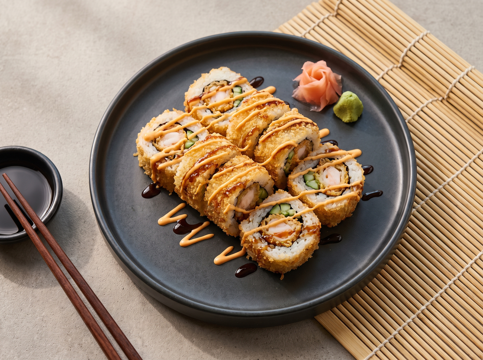 Crunchy roll cu tempura ebi, panko auriu și spicy mayo