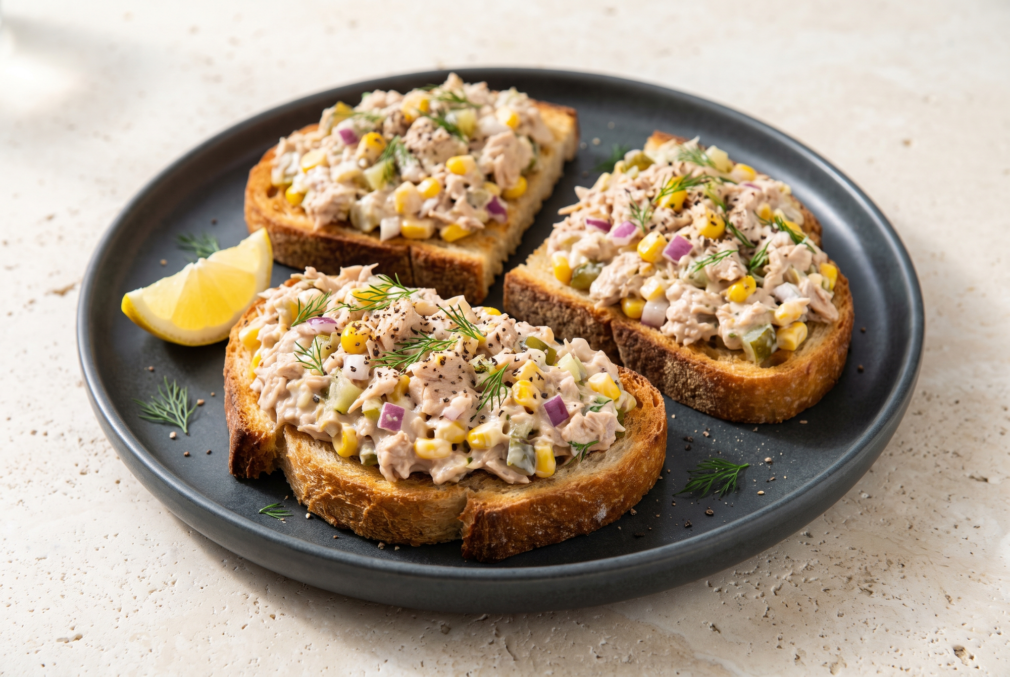 Salată de ton vegan cu porumb și Kewpie pe pâine prăjită