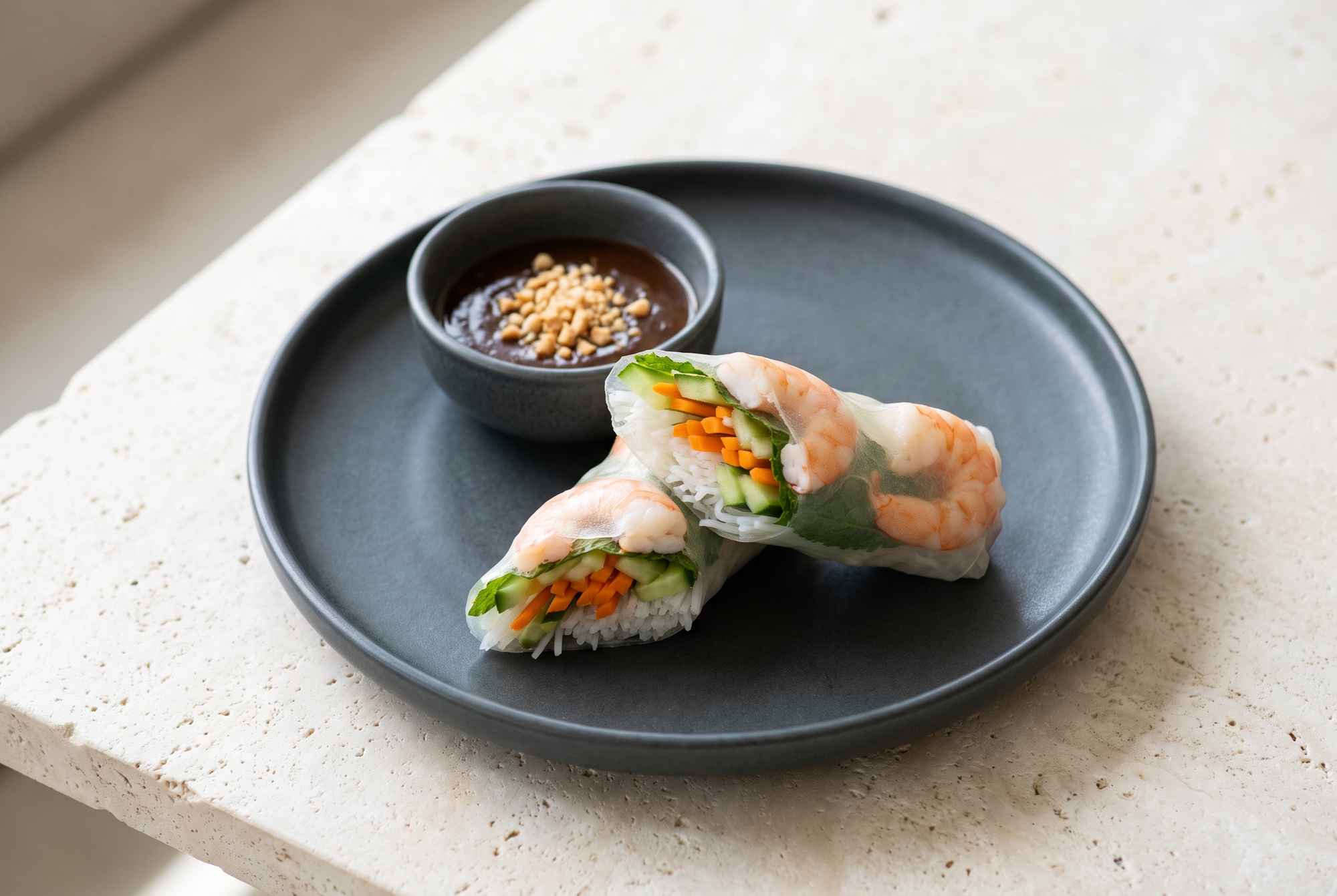 Summer rolls cu creveți, vermicelli și mentă în foi de orez