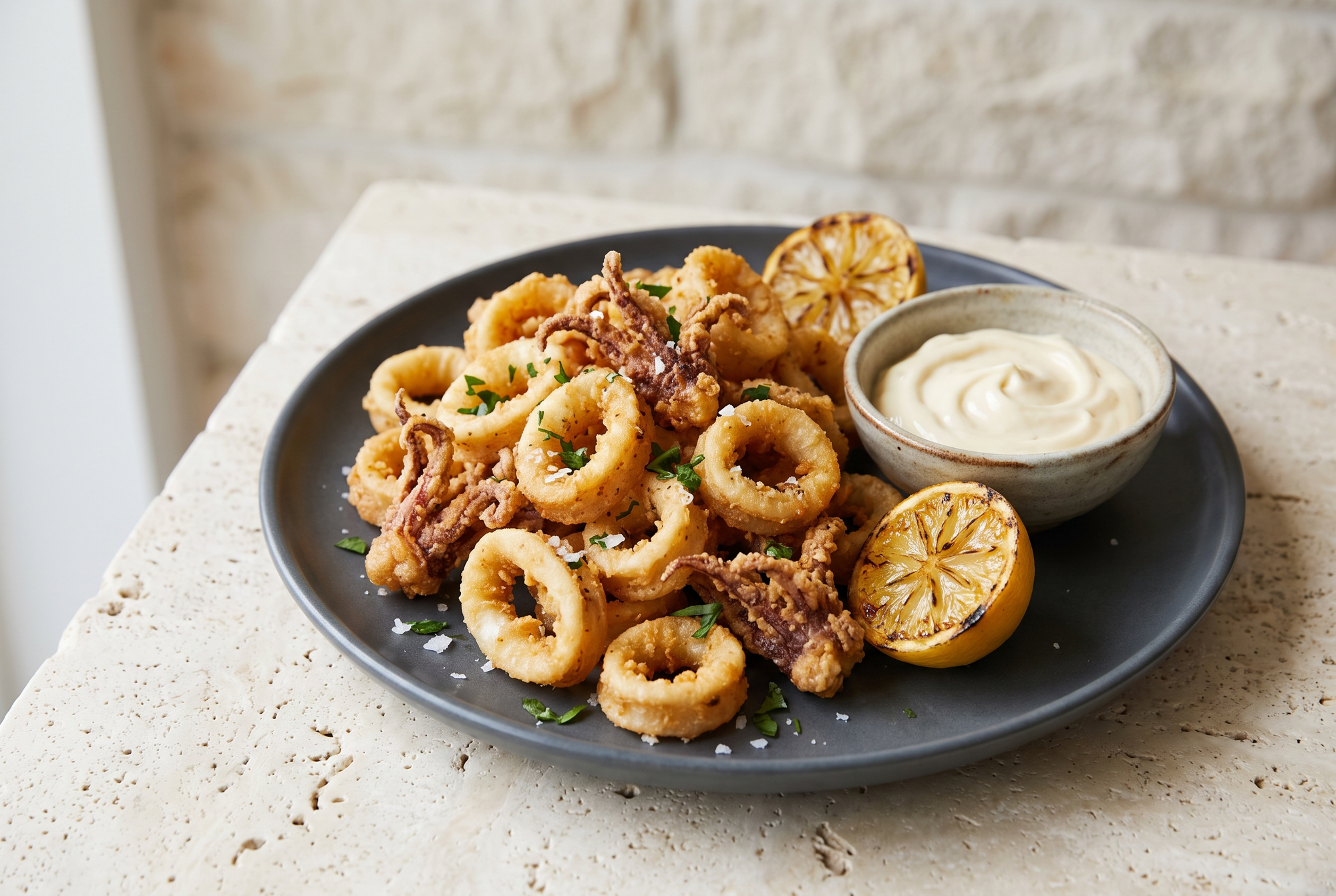 Calamari pane crocanți cu sos de maioneză Kewpie și lămâie