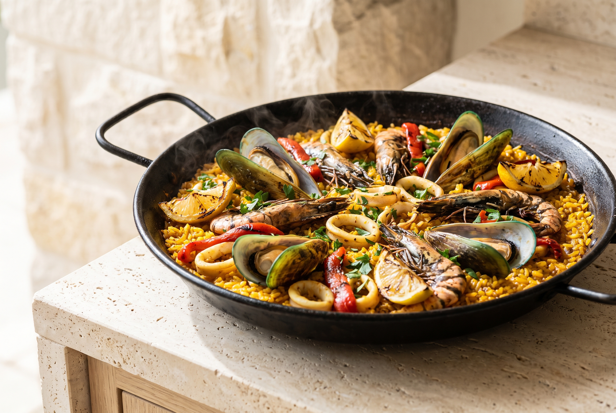 Paella cu fructe de mare, cu midii, creveți și calamar în tigaie