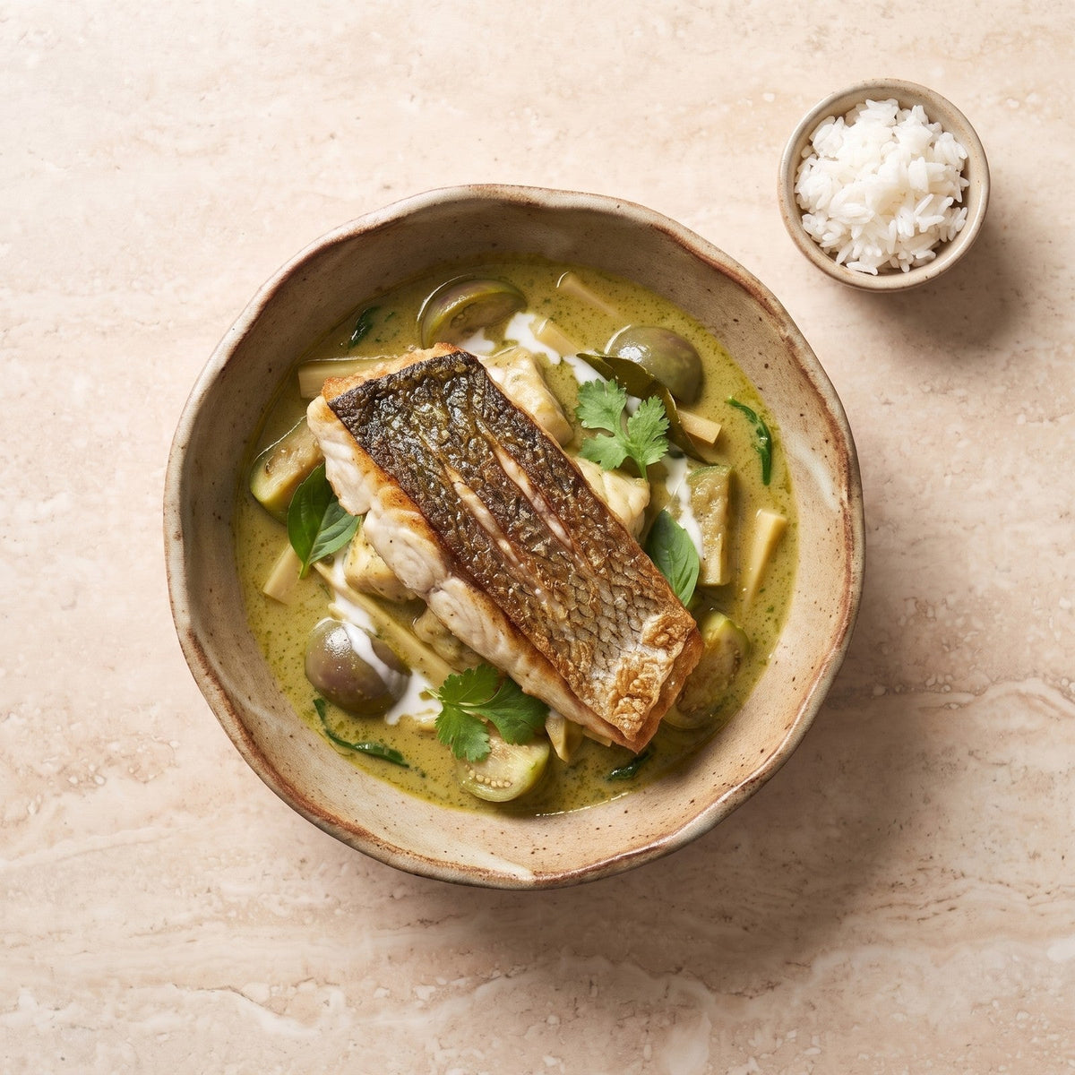 Barramundi în curry verde cu piele crocantă