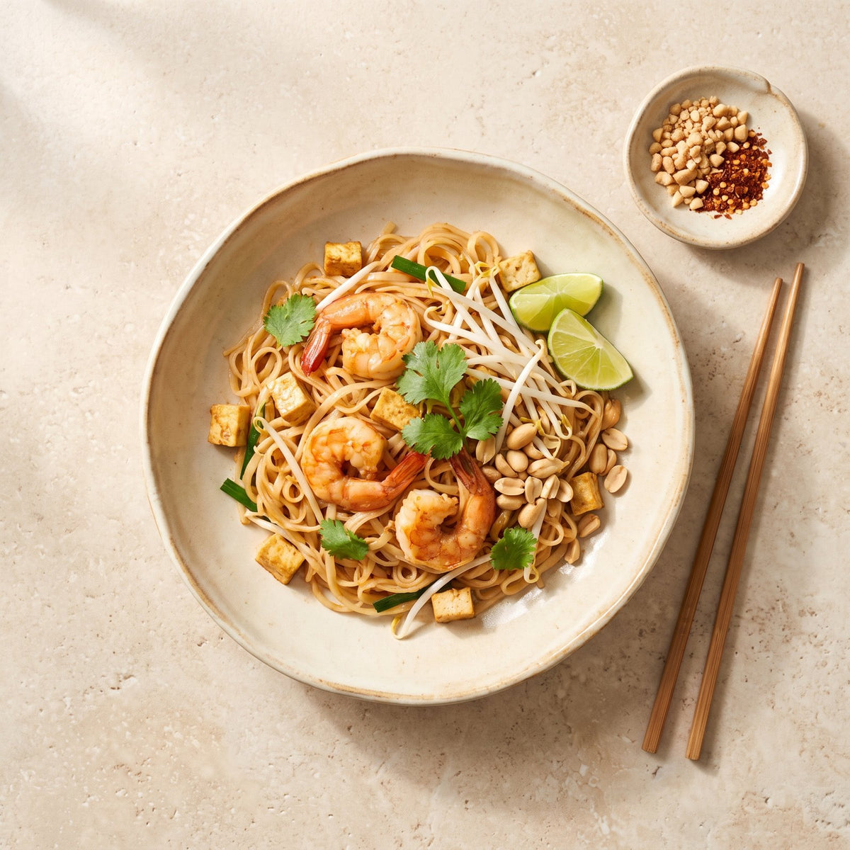 Pad Thai cu creveți, tăiței de orez cu ou, muguri de fasole și arahide