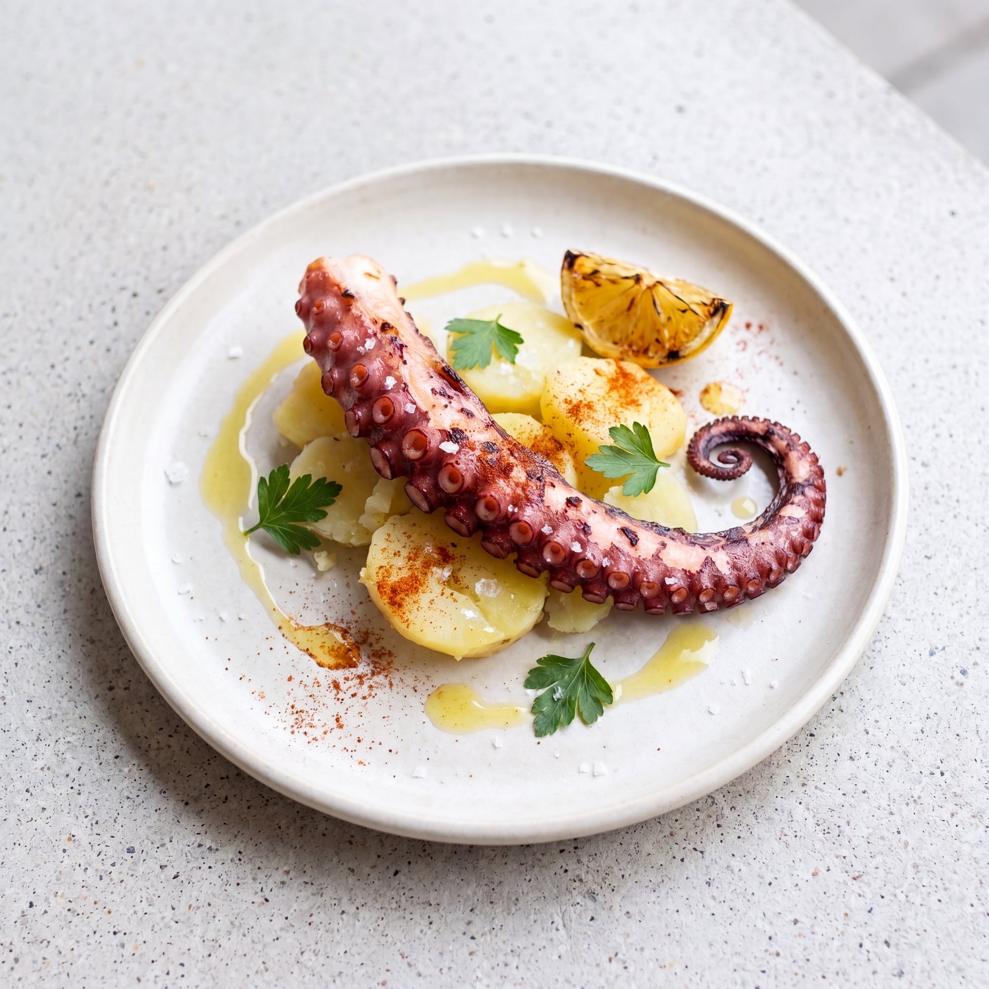 Pulpo a la gallega din caracatiță întreagă, sugestie de servire