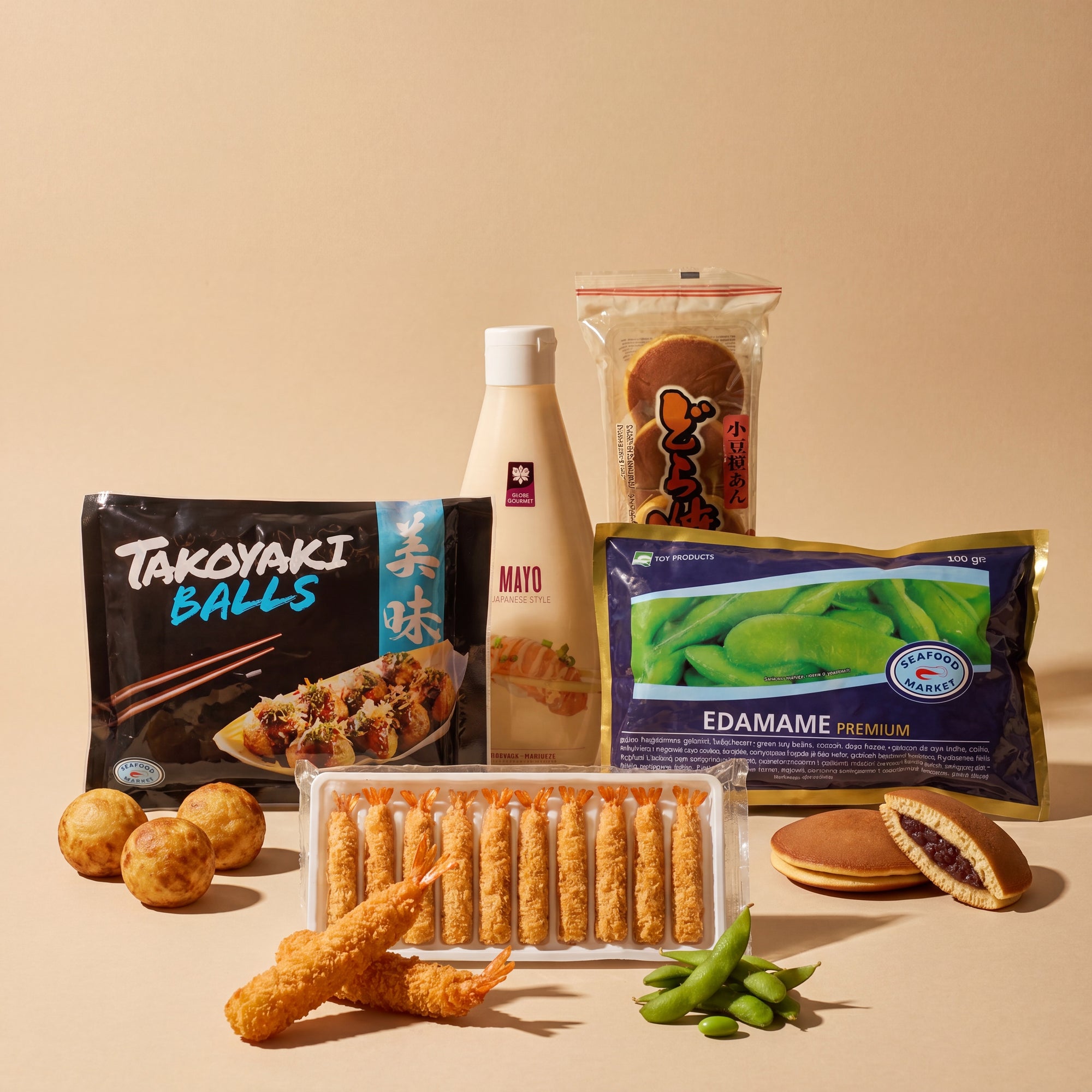 Izakaya Box SeriosFood — takoyaki, ebi fry, edamame, dorayaki, maioneză japoneză