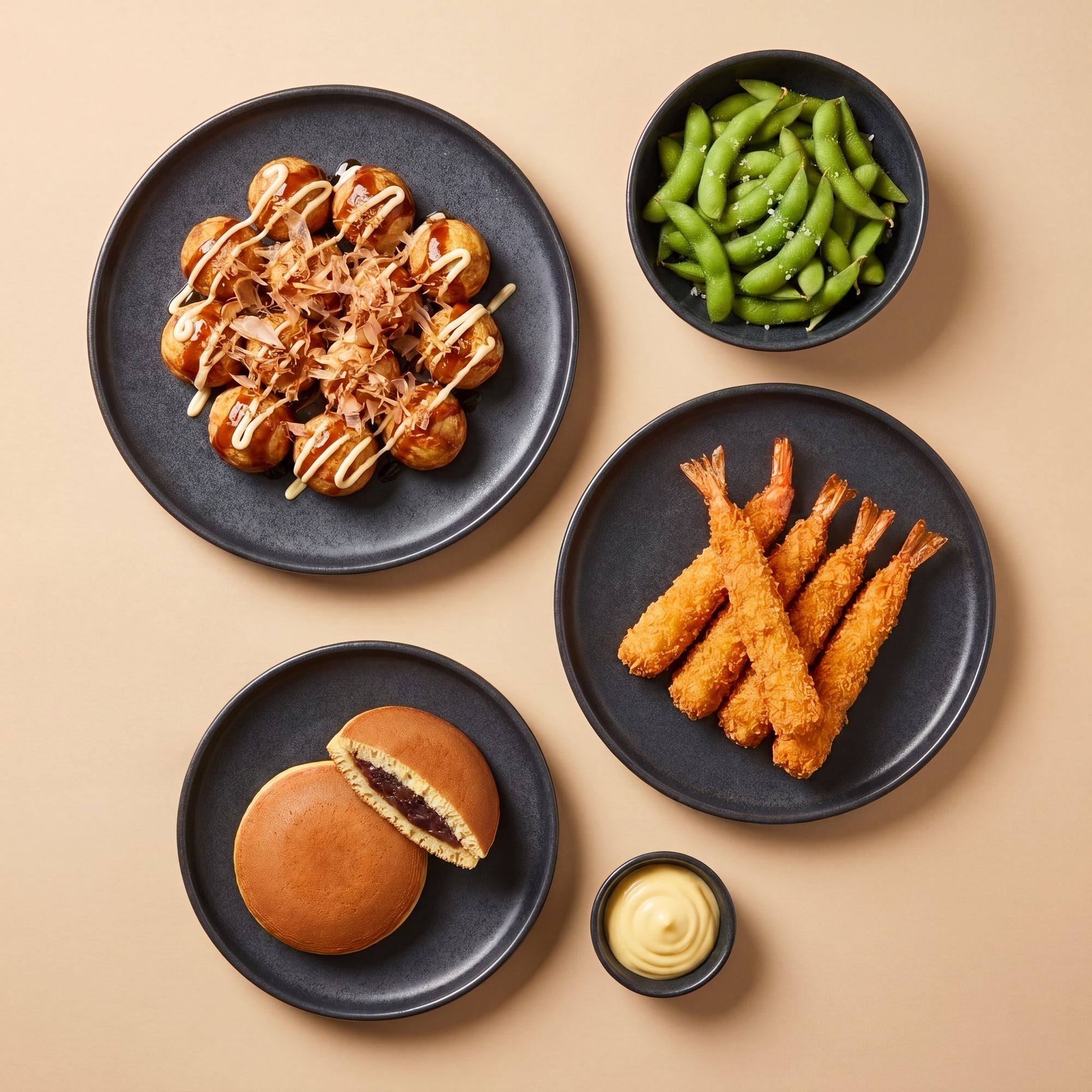 Izakaya Box SeriosFood — takoyaki, ebi fry, edamame, dorayaki plated top-down