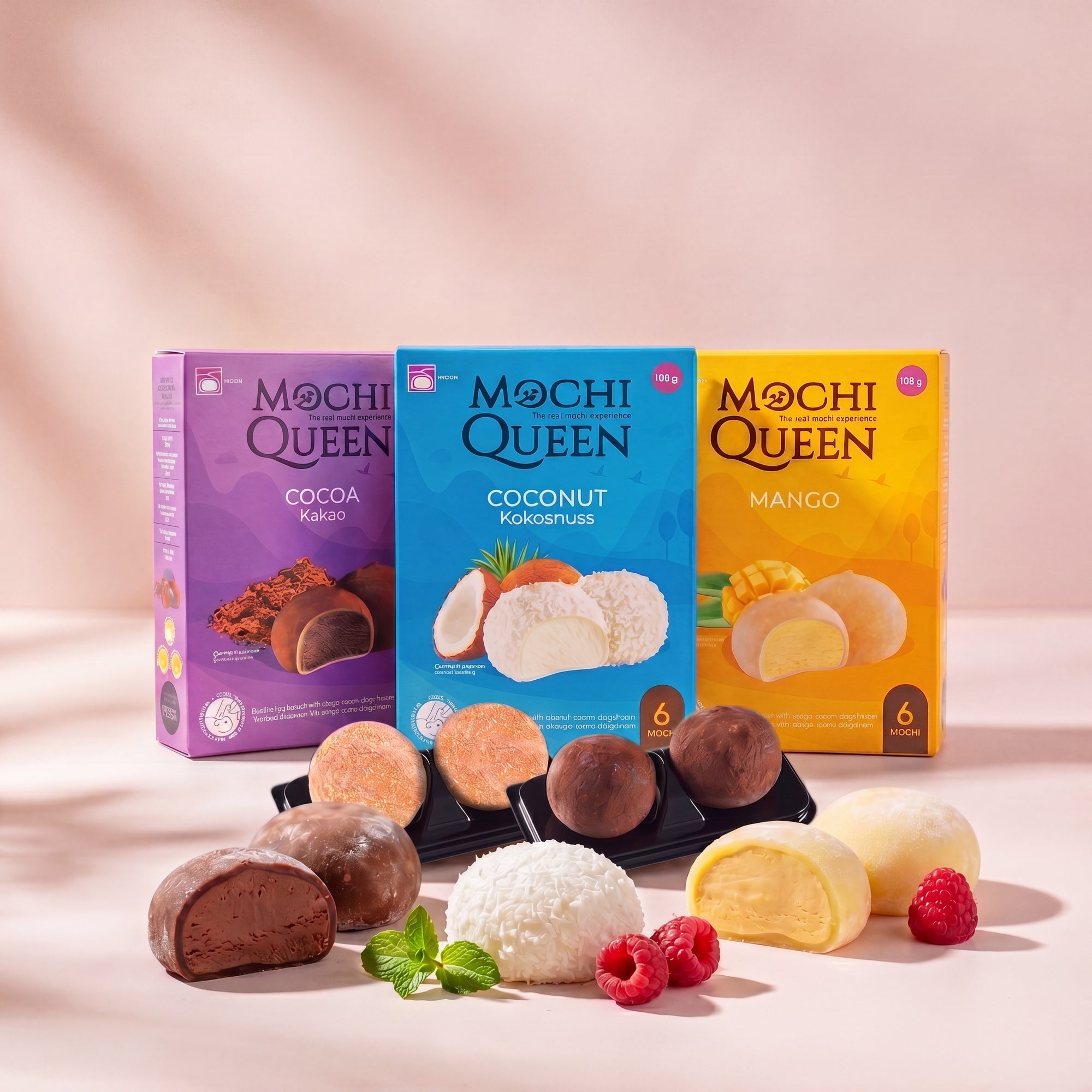 Discovery Mochi Box SeriosFood — mochi cacao, cocos, mango, cheesecake, ciocolată