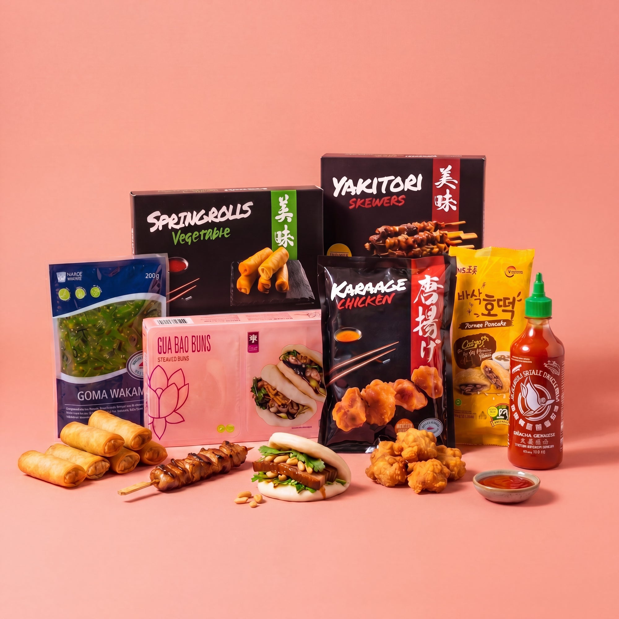 Asian Street Food SeriosFood - cutie cu salata wakame, spring rolls, frigarui yakitori, gua bao, pui karaage, hotteok si sos sriracha