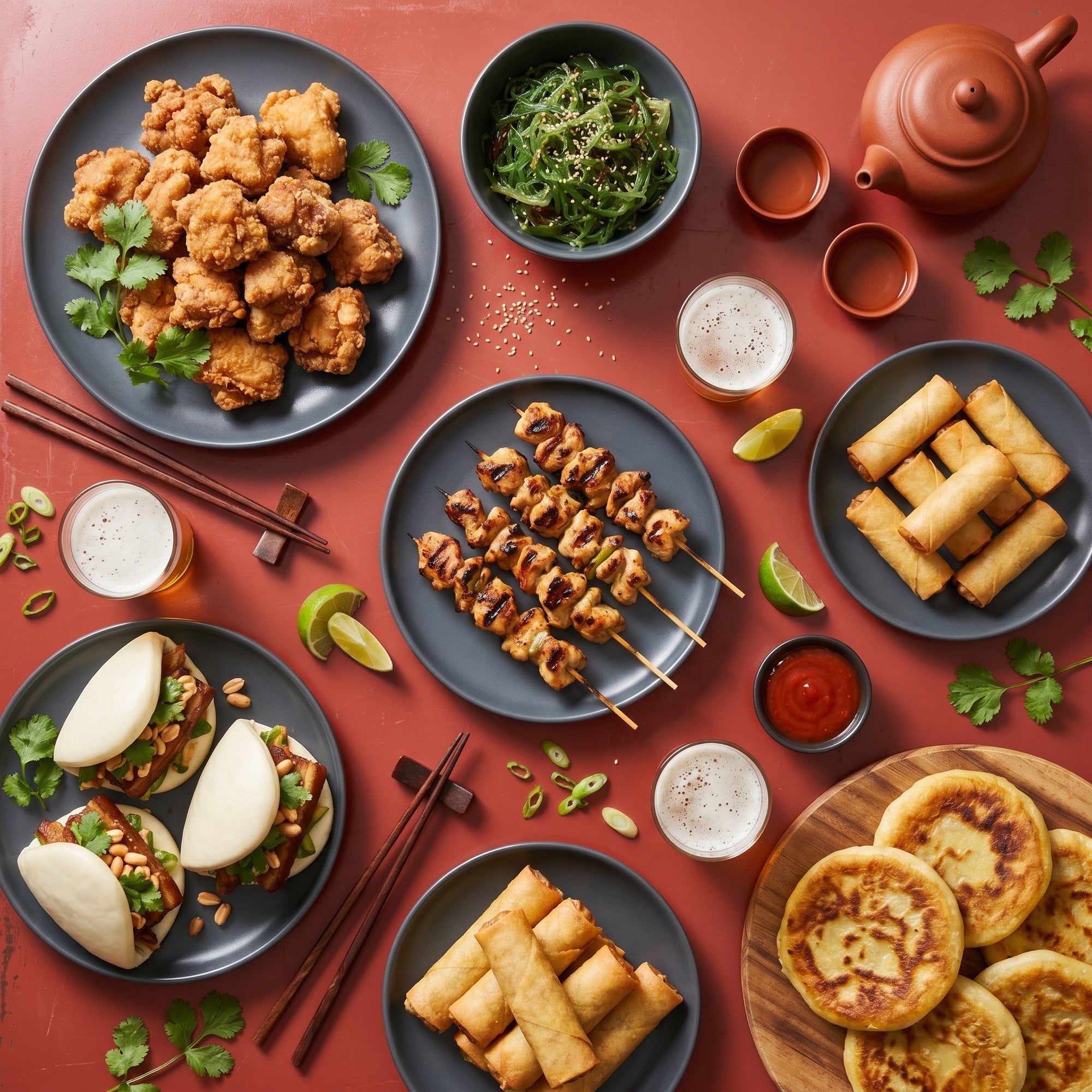 Asian Street Food SeriosFood - masa bogata pe blat metal rosu cu karaage, yakitori, gua bao, hotteok, spring rolls, salata wakame, sosuri si bere