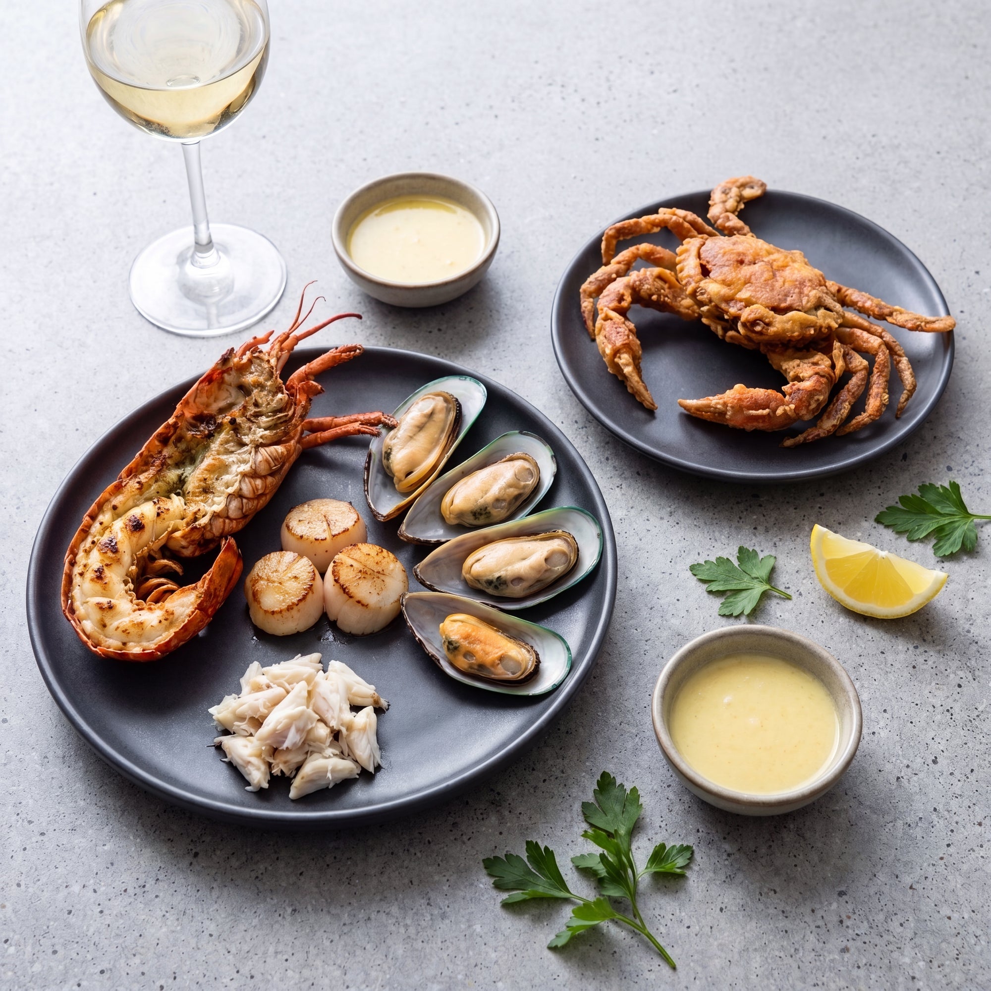 Platou cu homar, crab, Saint-Jacques și midii, asocieri culinare
