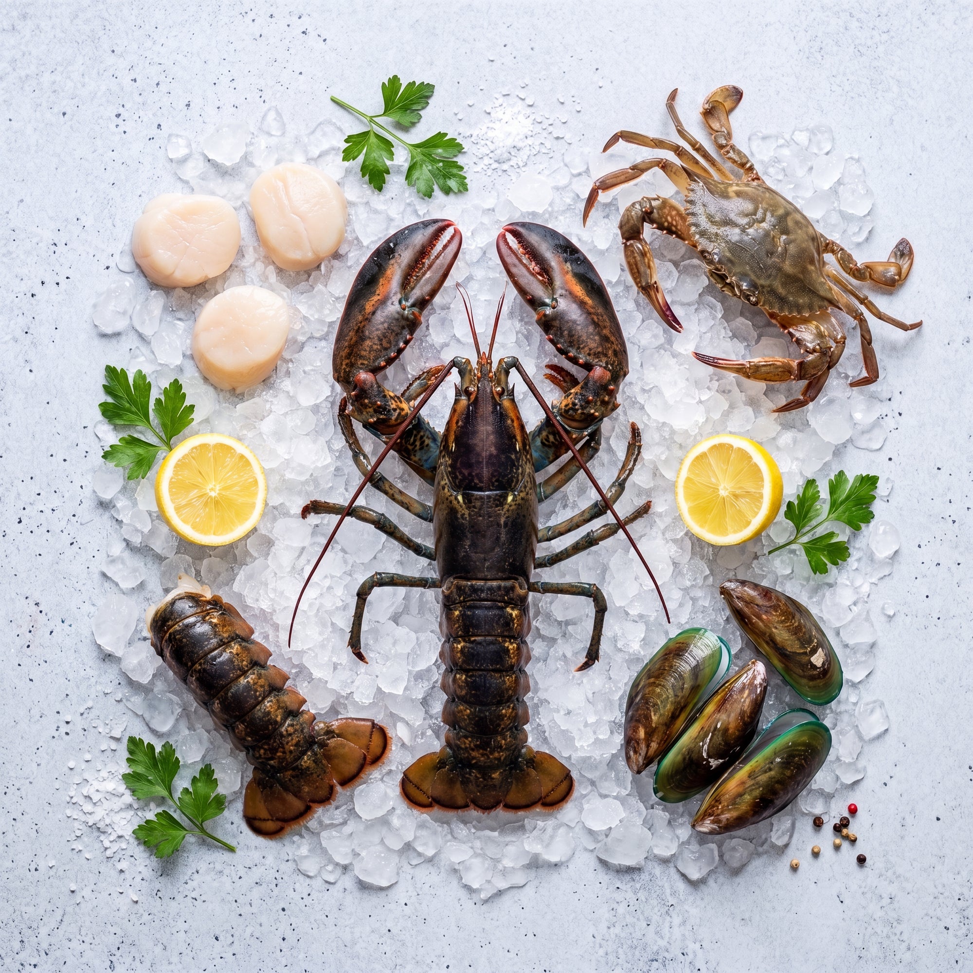 Crustacee și scoici crude pe gheață, selecție premium SeriosFood