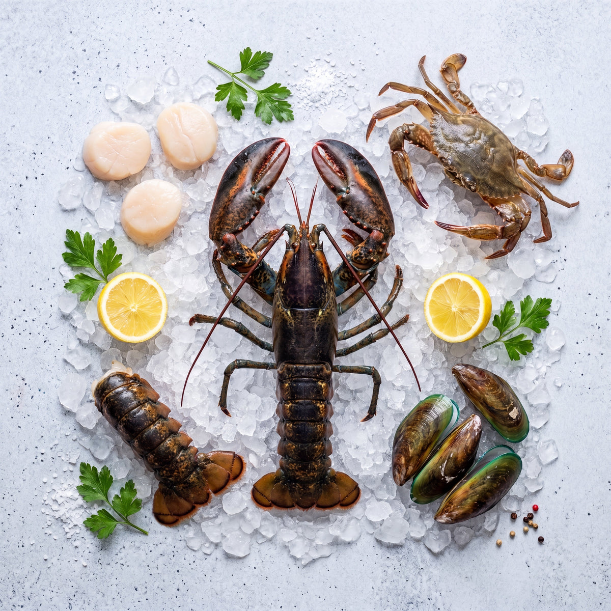 Crustacee și scoici crude pe gheață, selecție premium SeriosFood
