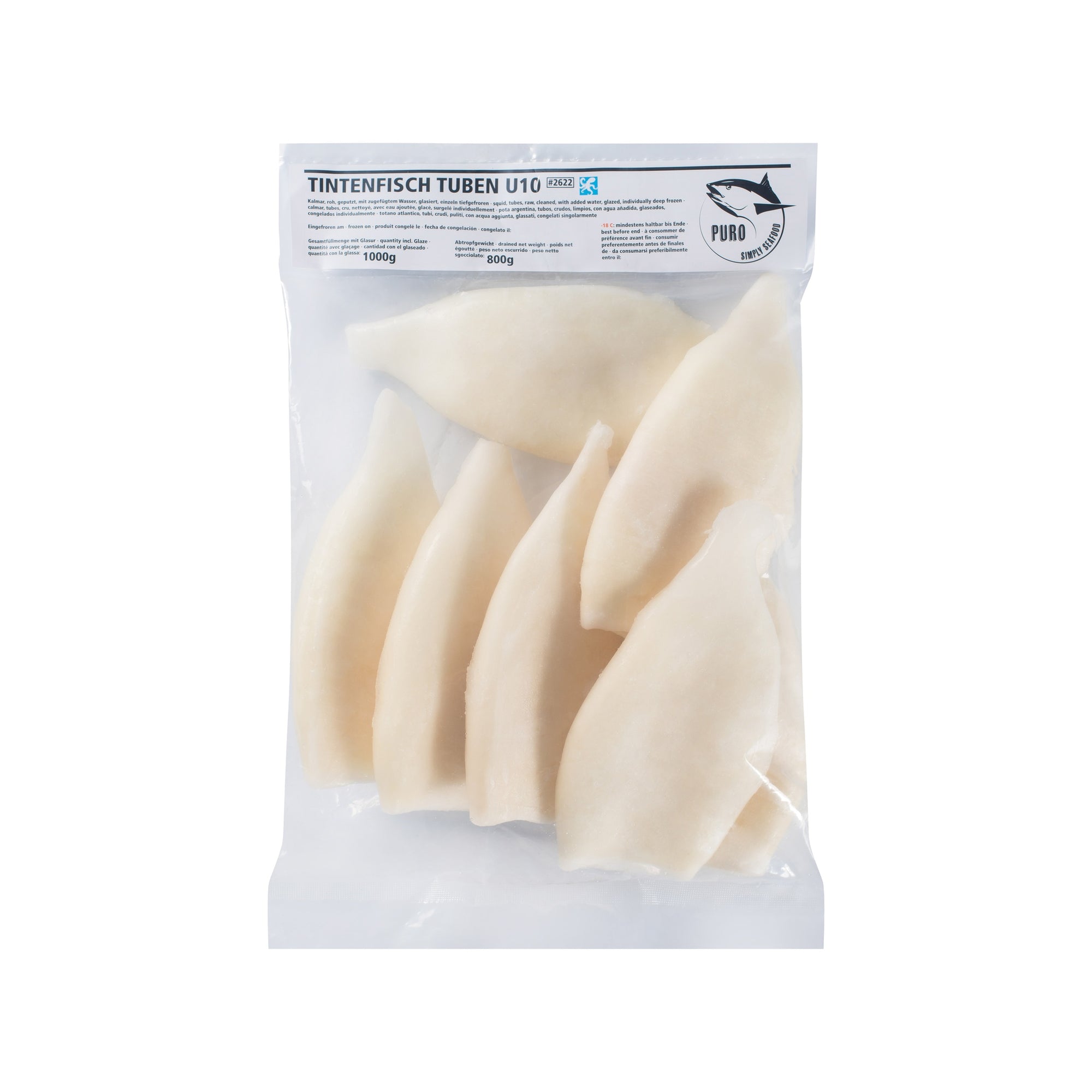 Calamar tubes U/5 IQF în ambalaj Puro Simply Seafood