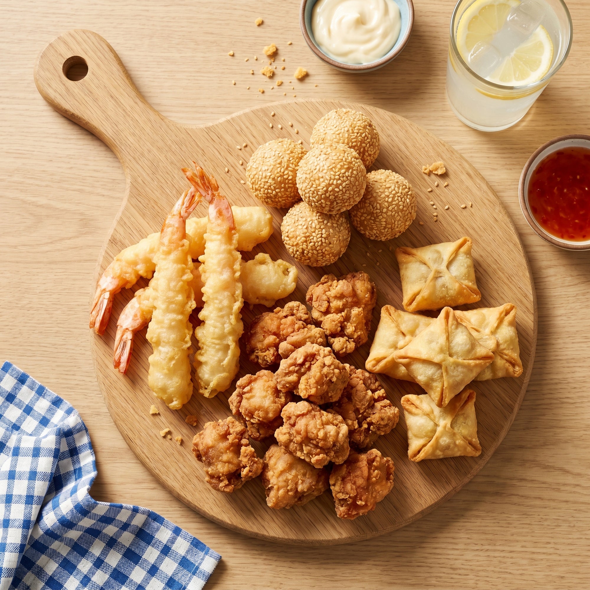 Crispy Weekend SeriosFood - platou de lemn cu specialitati prajite asiatice: tempura creveti, karaage pui, bile de susan, wantan pui, maioneza japoneza si sos chili dulce