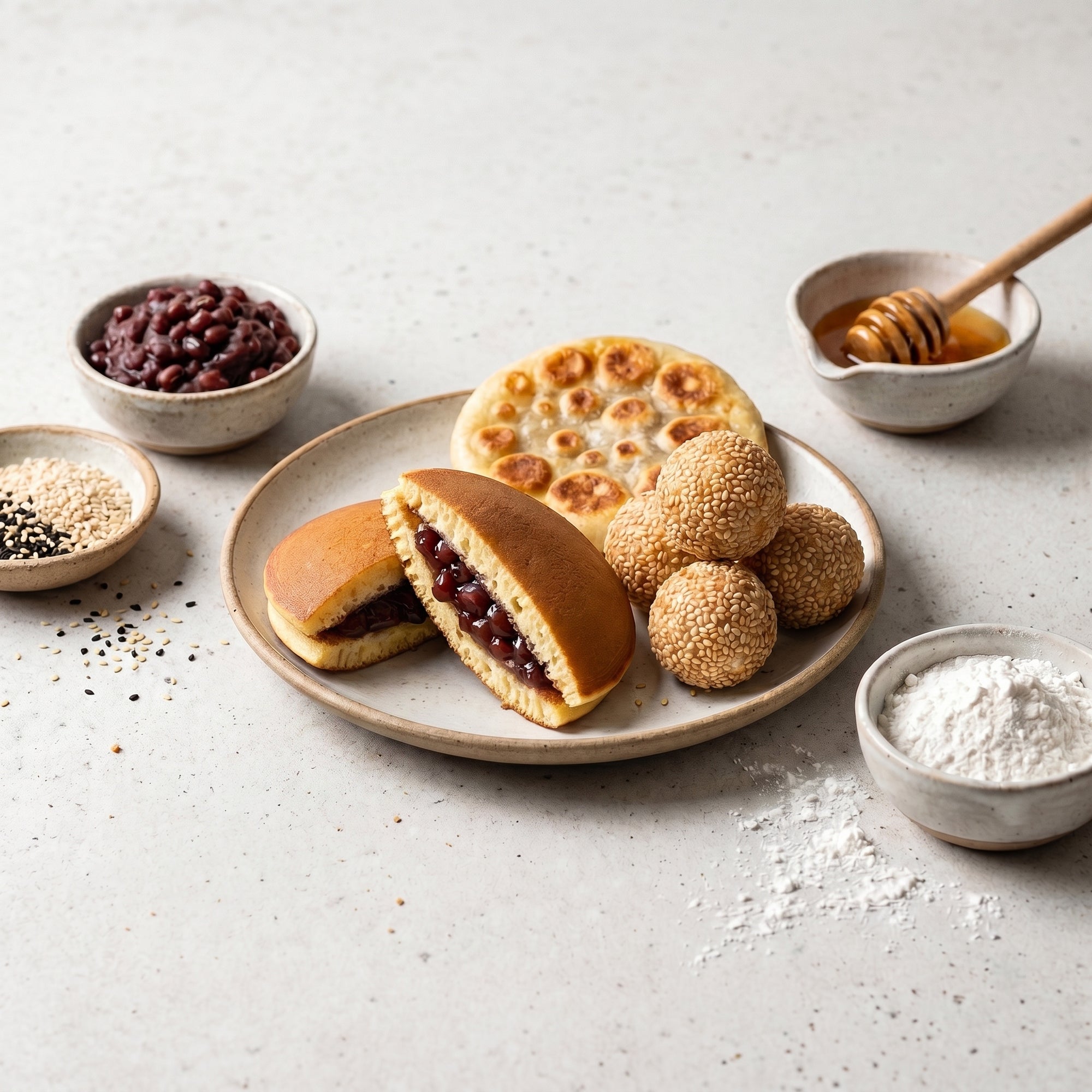 Deserturi asiatice pe farfurie cu ingrediente: dorayaki, hotteok, bile de susan, pastă de fasole adzuki, susan, făină de orez, miere