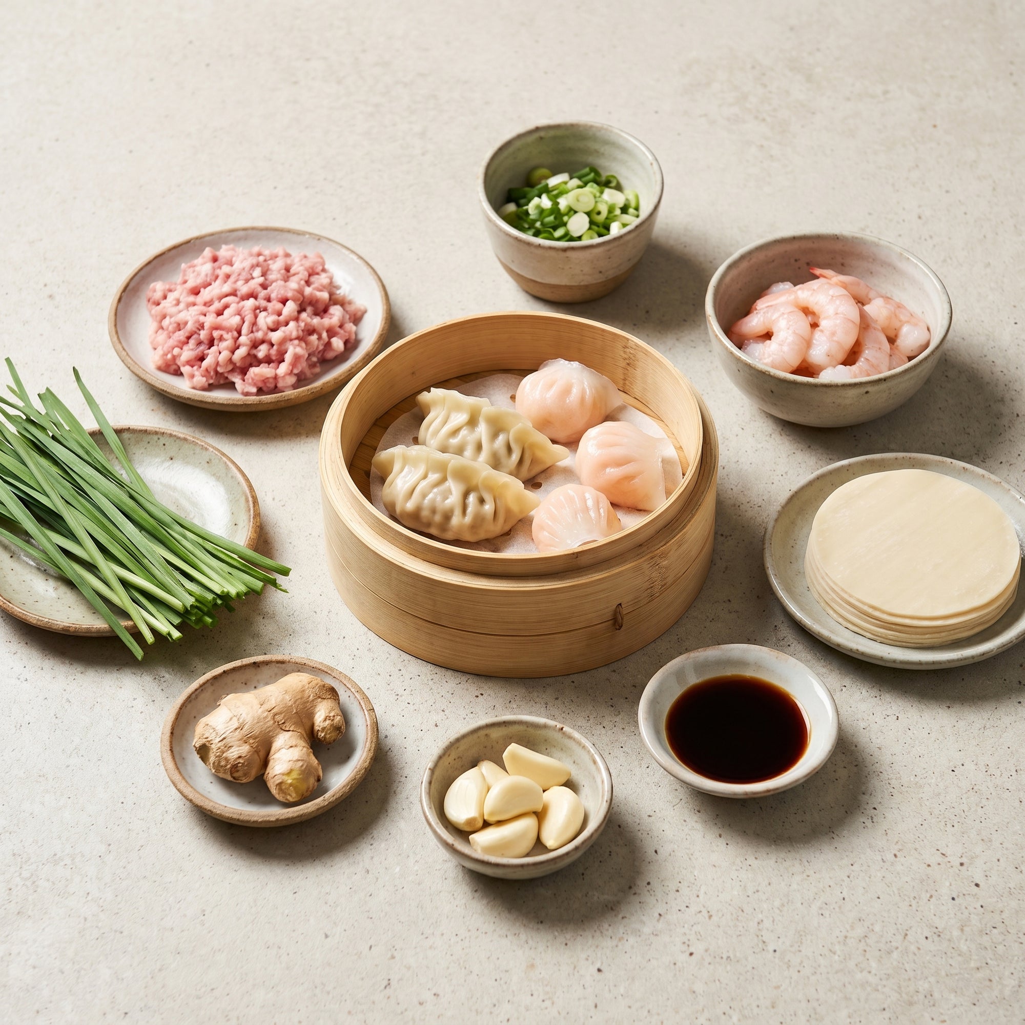 Dim sum la abur cu ingredientele autentice — carne, creveți, foi de aluat, arpagic, ghimbir