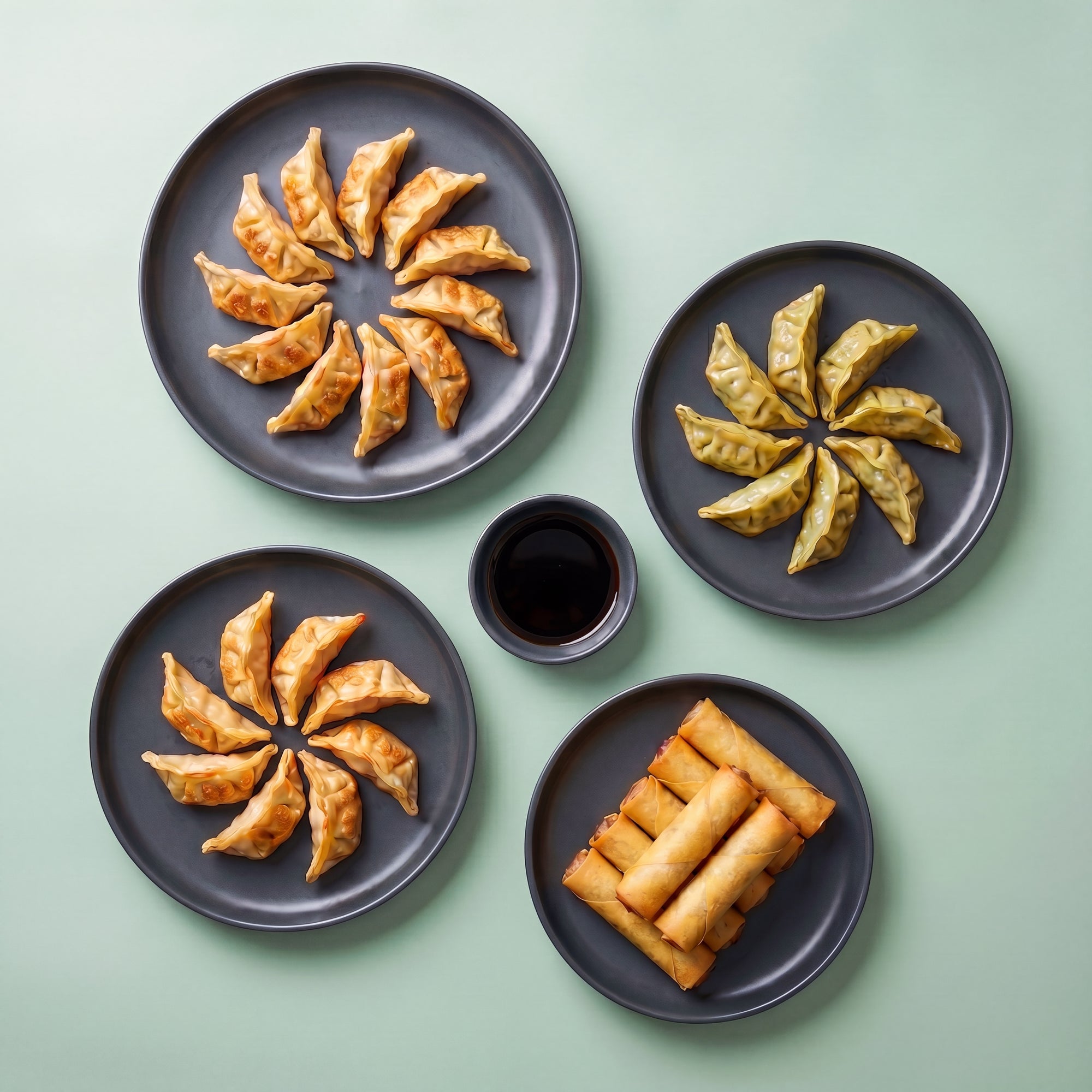 Gyoza Party SeriosFood - platou cu gyoza pui, gyoza legume, gyoza creveti, rulouri banana si sos soia, top-down