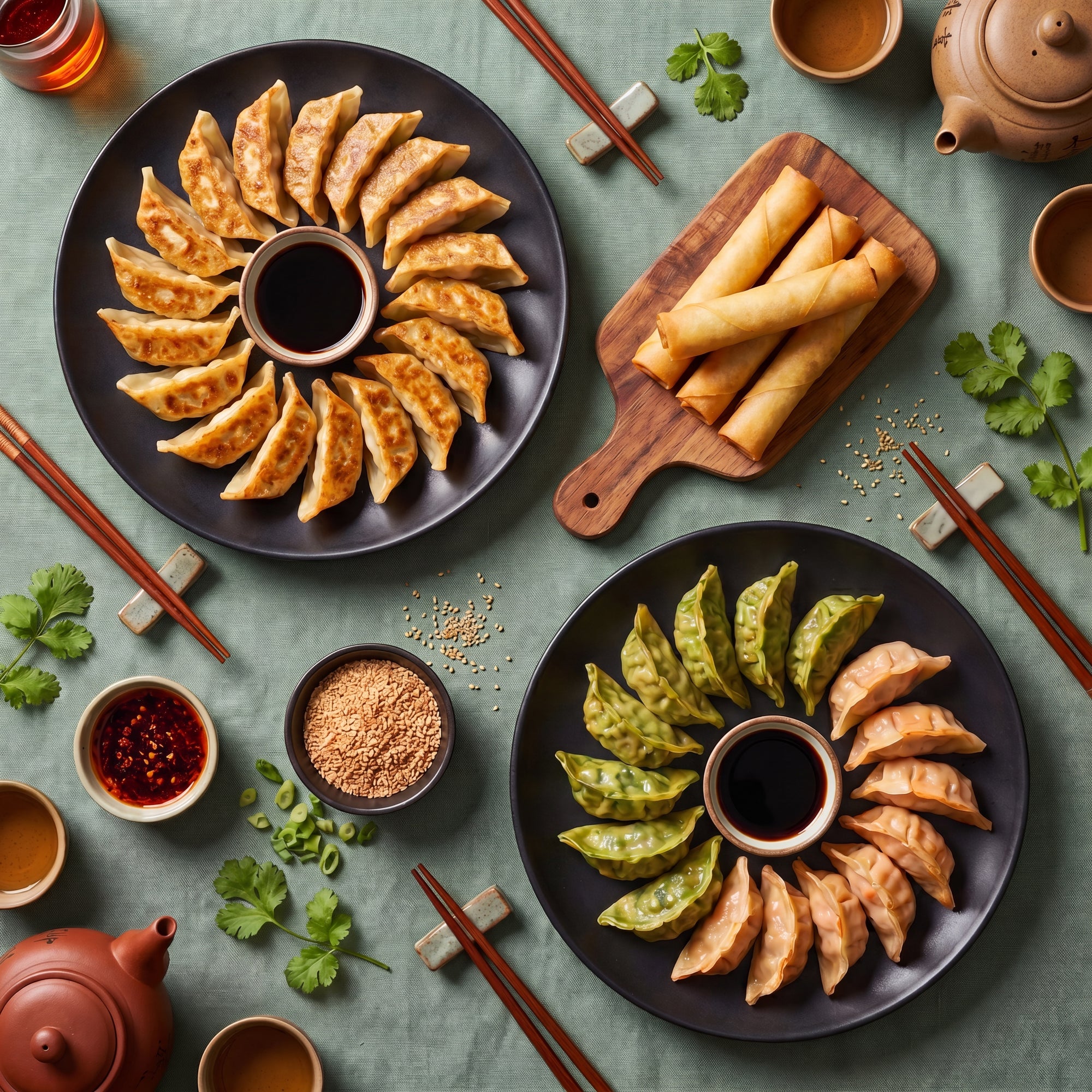 Gyoza Party SeriosFood - masa bogata cu gyoza pui, gyoza legume, gyoza creveti, rulouri banana, sos soia si garnituri asiatice
