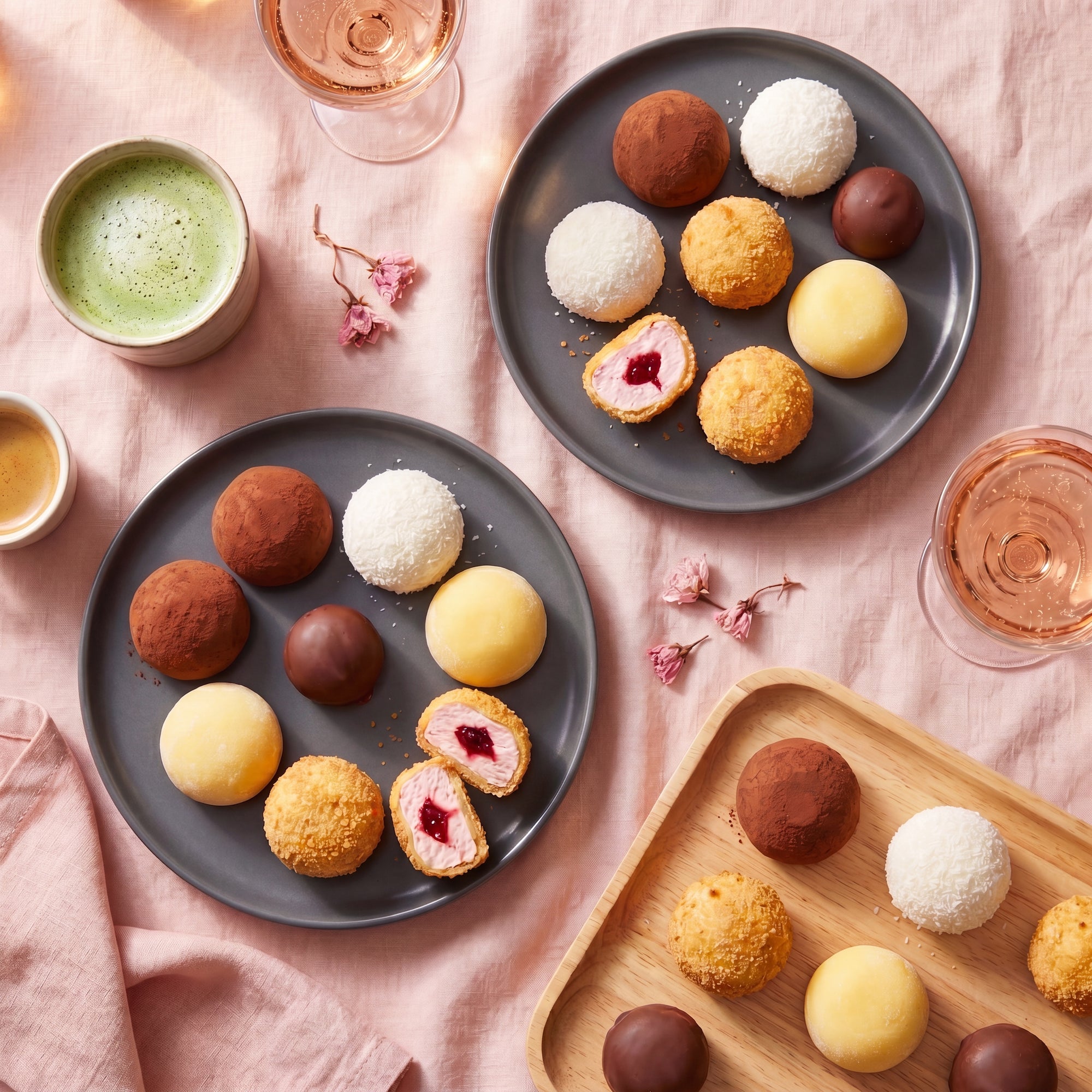 Discovery Mochi SeriosFood - masa tea-time cu cacao, cocos, mango, cheesecake taiat, matcha si vin spumant, top-down