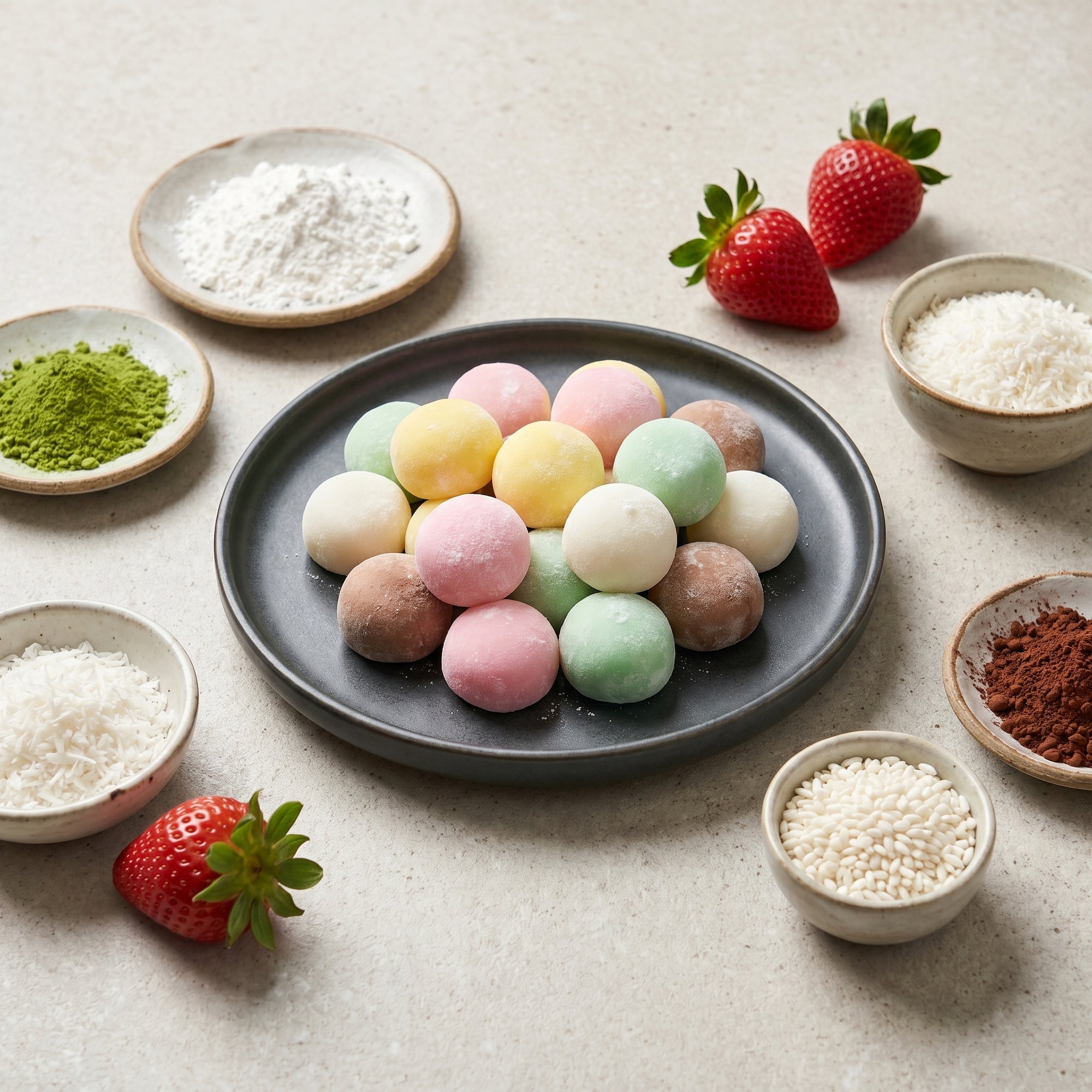 Mochi colorate cu ingredientele autentice — făină de orez glutinos, matcha, fructe, cocos