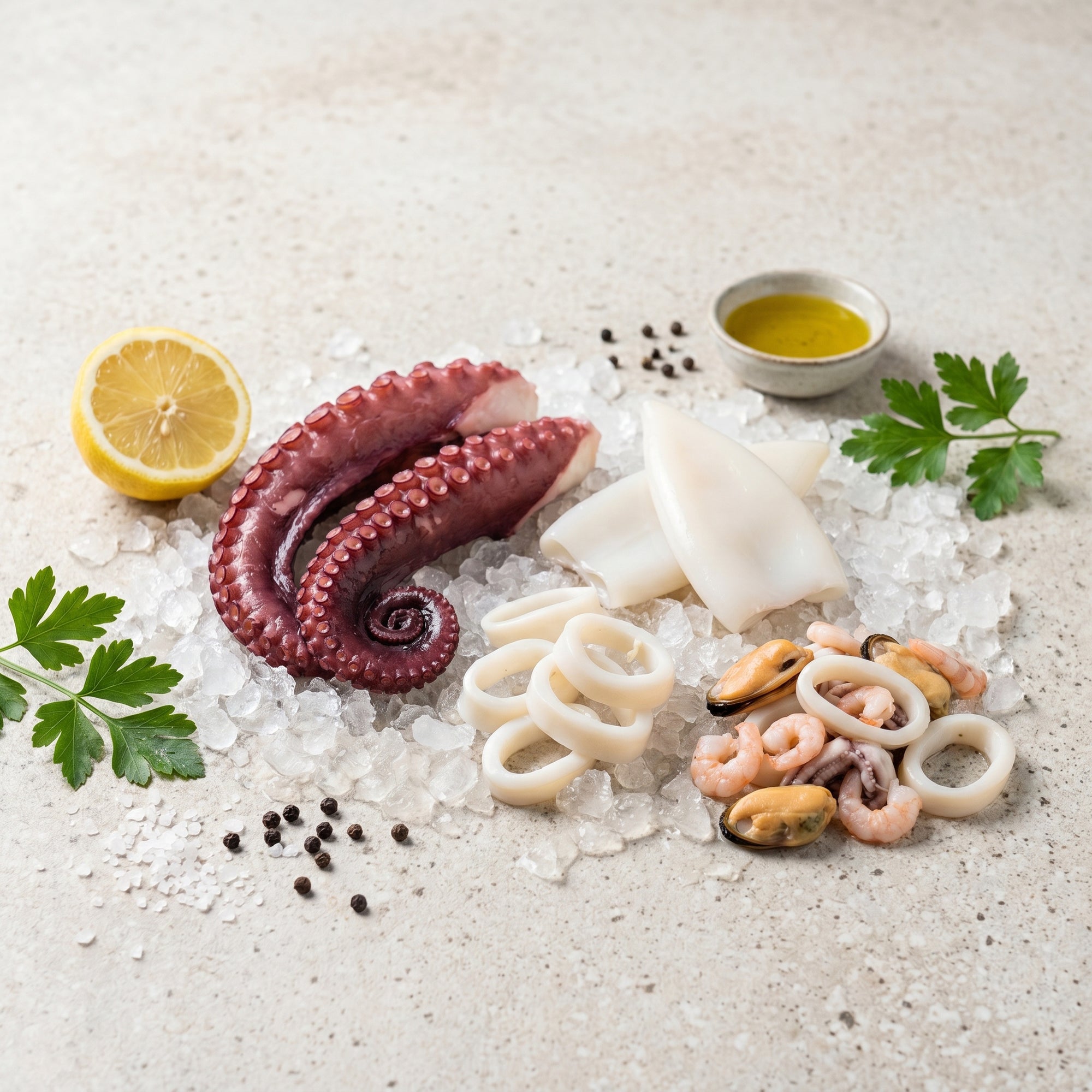 Caracatita, calamar si fructe de mare pe gheata - ingrediente brute SeriosFood