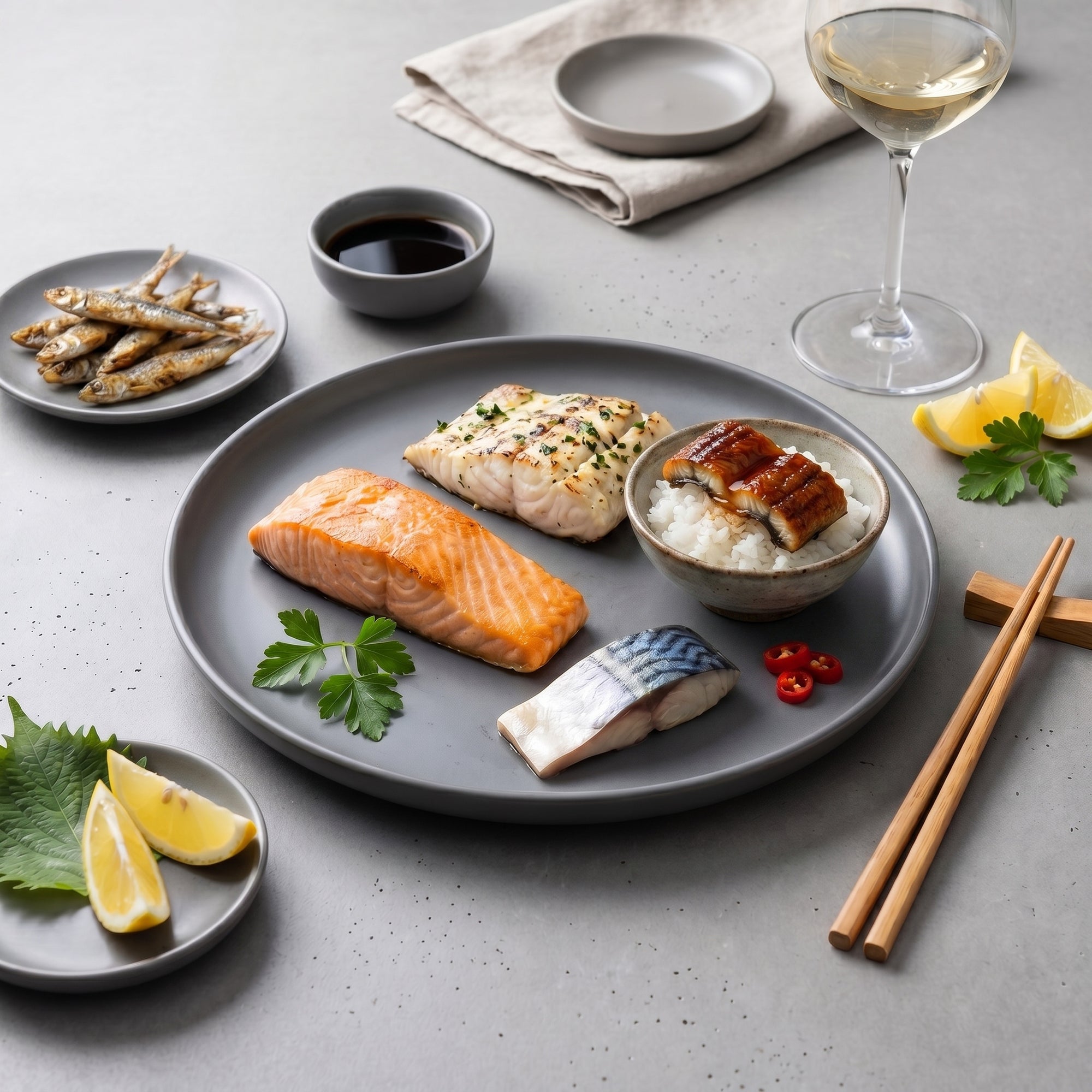 Asocieri culinare pește - file de somon seared, file alb la gratar, unagi pe orez, macrou marinat, hamsii prajite, vin alb