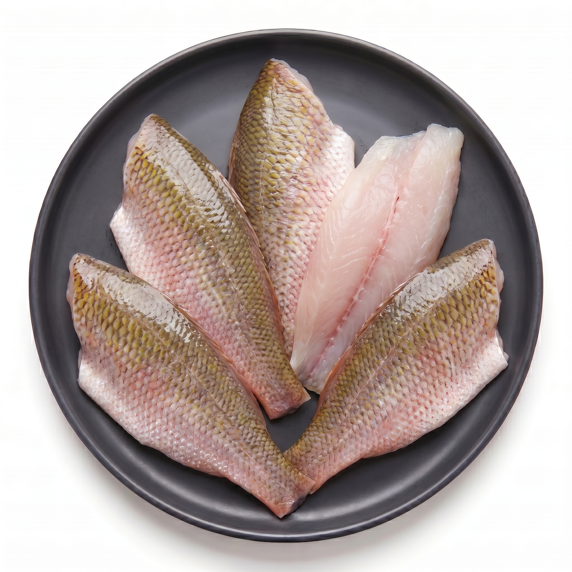 File de red snapper crud pe farfurie, vedere de sus