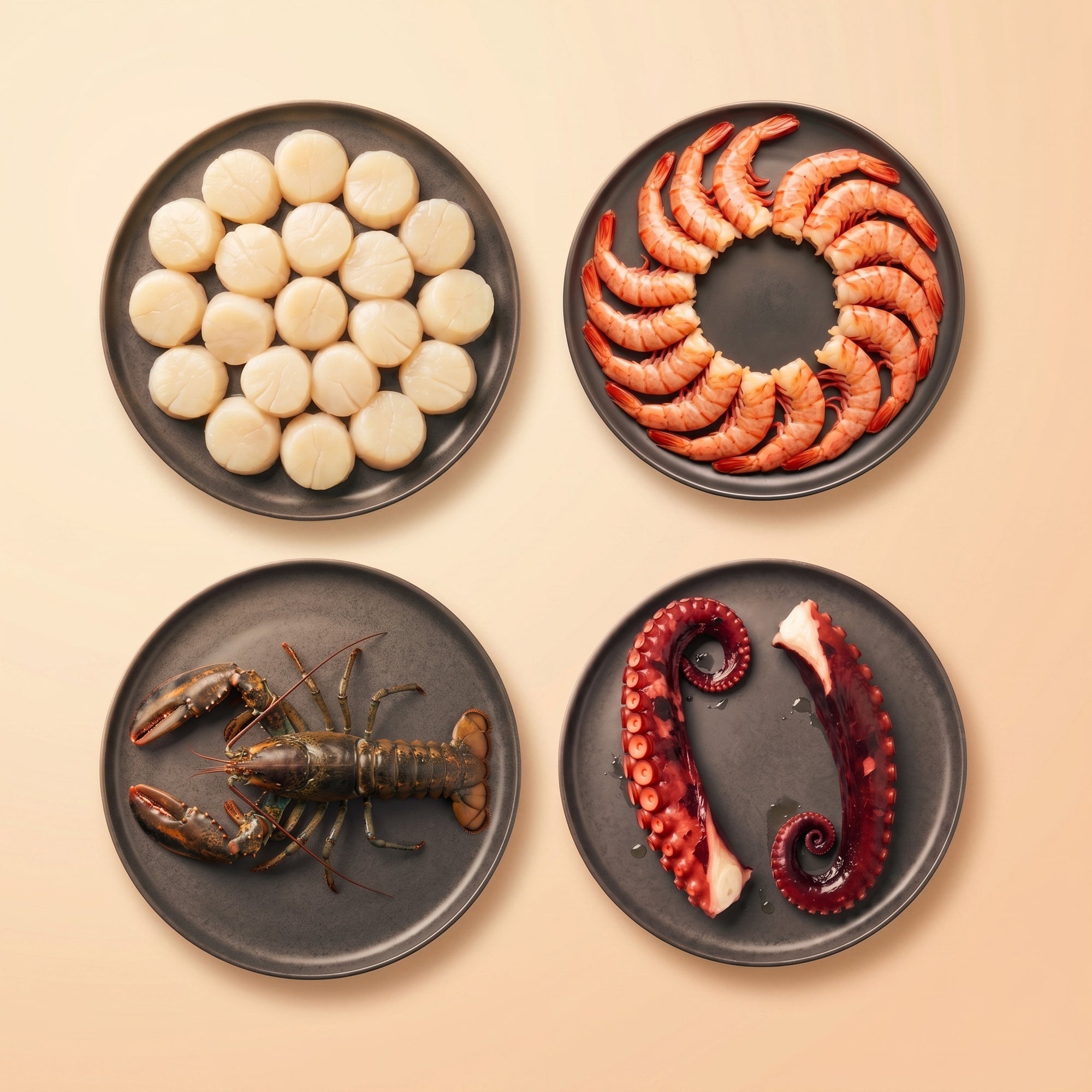 Seafood Exquisite SeriosFood - vedere de sus cu patru farfurii: scoici Saint-Jacques, creveti argentinieni, homar intreg, tentacule de caracatita, pe fundal crem premium
