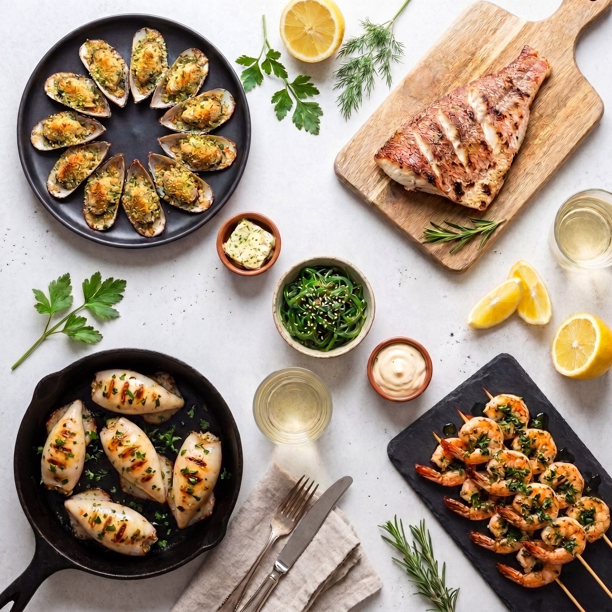 Seafood Grill SeriosFood - masa cu fructe de mare la gratar: midii gratinate, file red snapper pe planseta, calamar tuburi in tigaie de fonta, frigarui creveti pe ardezie, salata goma wakame, vin alb, lamaie si ierburi pe fundal de beton alb