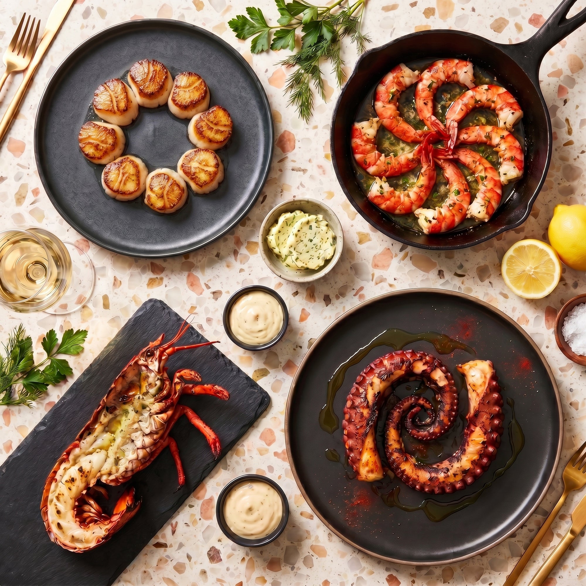 Seafood Exquisite SeriosFood - platou gourmet vedere de sus pe terrazzo: scoici Saint-Jacques seared, creveti argentinieni easy-peel, jumatate de homar la gratar, tentacule de caracatita