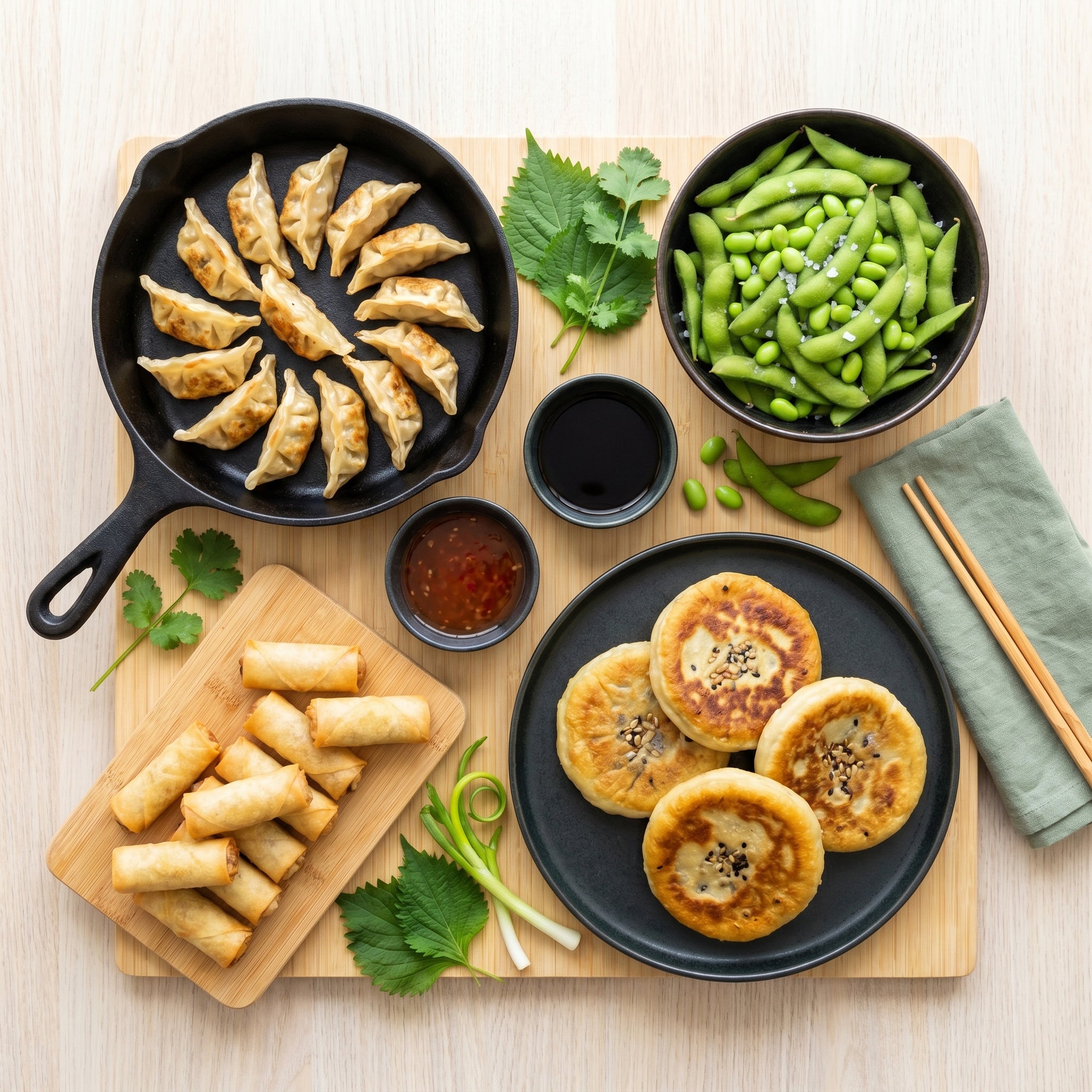 Vegan Asia SeriosFood - platou vegan asiatic pe blat bambus vedere de sus: gyoza vegetariene in tigaie fonta, mini spring rolls pe platou lemn, edamame, hotteok corean, sos de soia si sweet chili