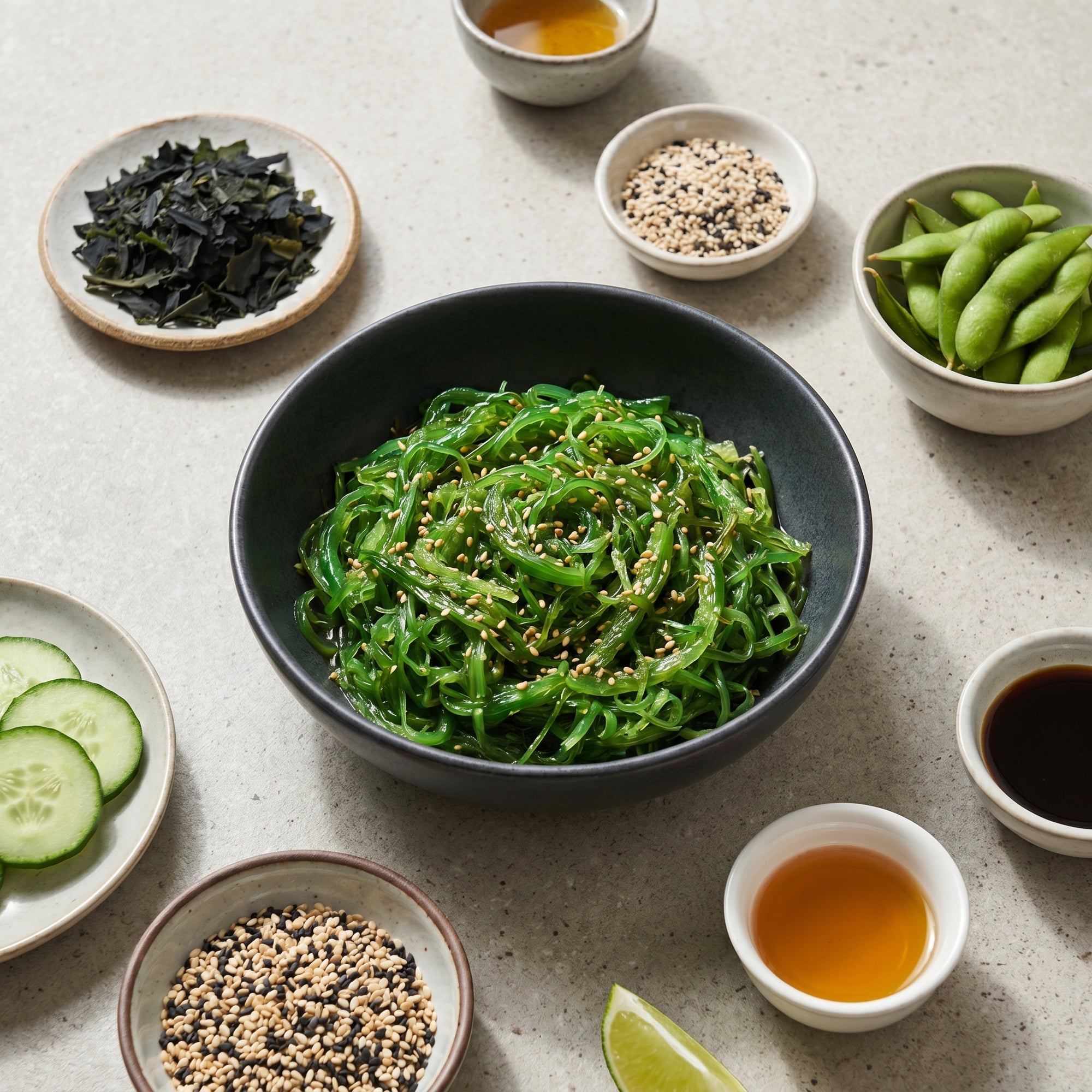 Salată de alge wakame cu ingredientele autentice — alge, susan, edamame, castravete