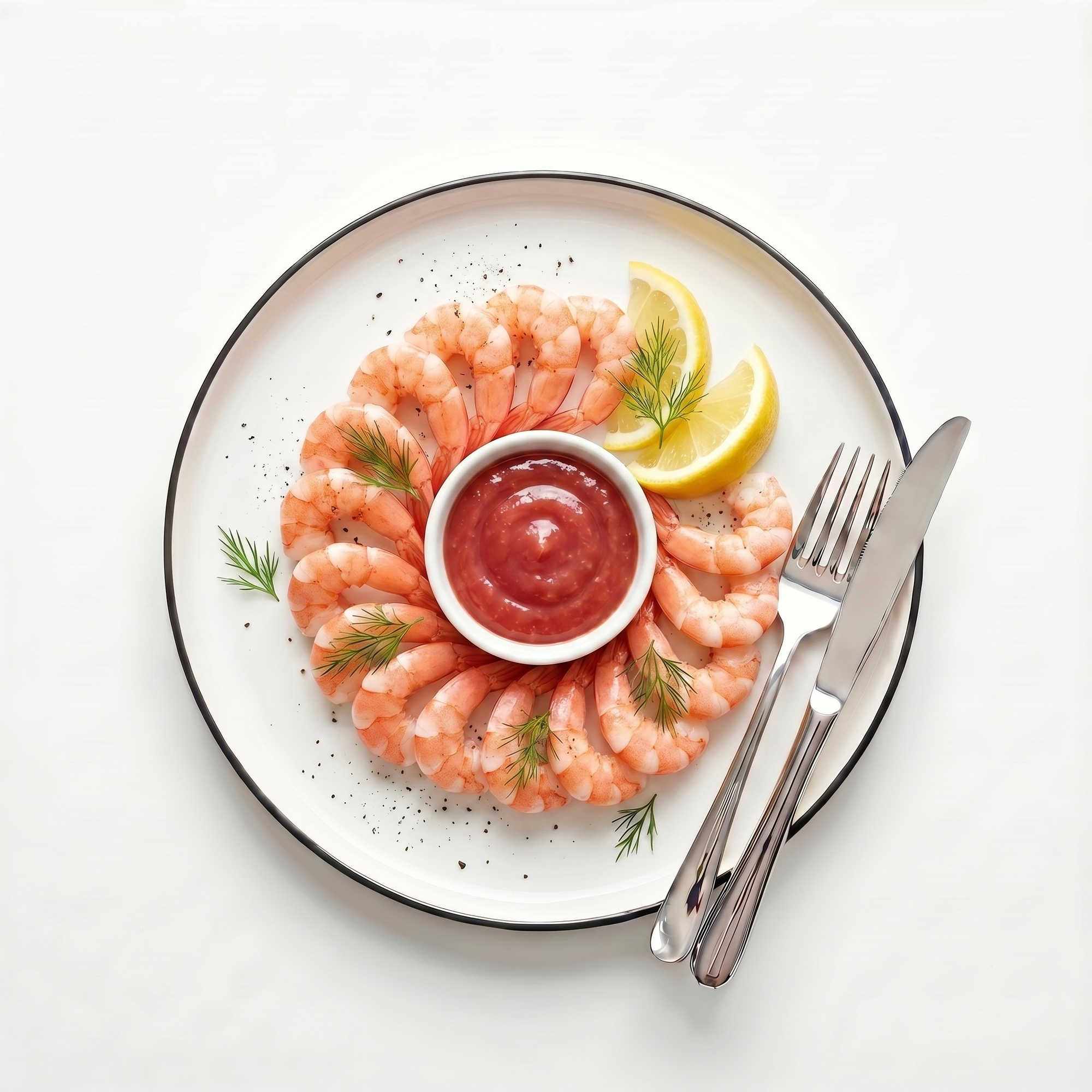 Shrimp cocktail cu creveți mici prefierți și sos cocktail roșu, lămâie și mărar