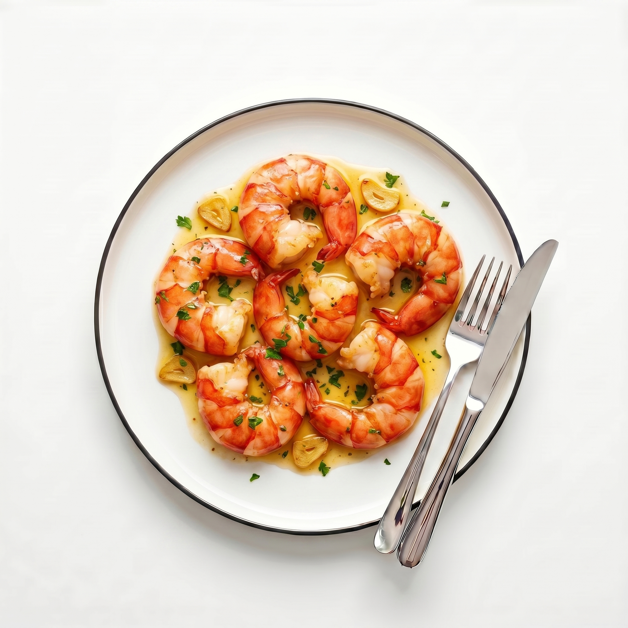 Creveți argentinieni decorticați gambas al ajillo în sos de unt cu usturoi prăjit și pătrunjel