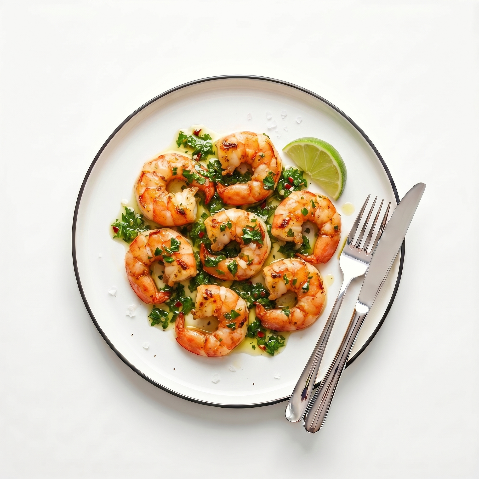 Creveți argentinieni decorticați à la plancha cu chimichurri, lime și sare Maldon