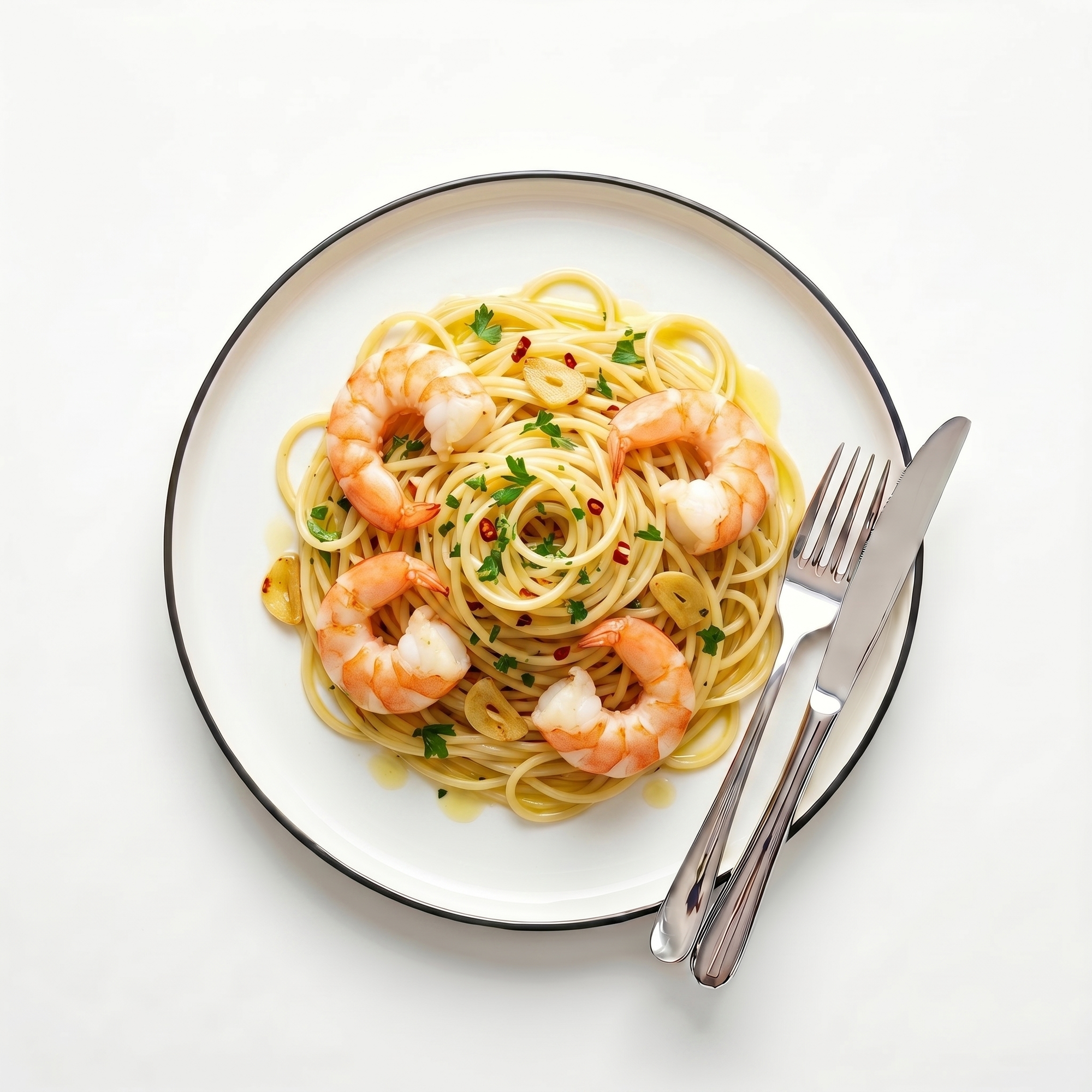 Creveți Vannamei jumbo pe spaghetti aglio e olio cu usturoi și pătrunjel