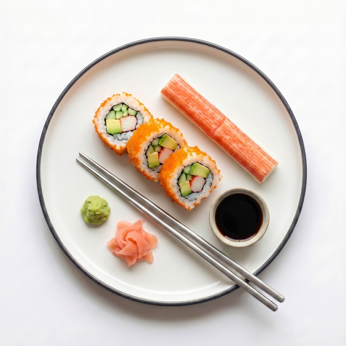 Bețișoare Surimi Maki savurate – uramaki cu surimi și avocado, bețișor surimi, sos soia, wasabi, gari – SeriosFood