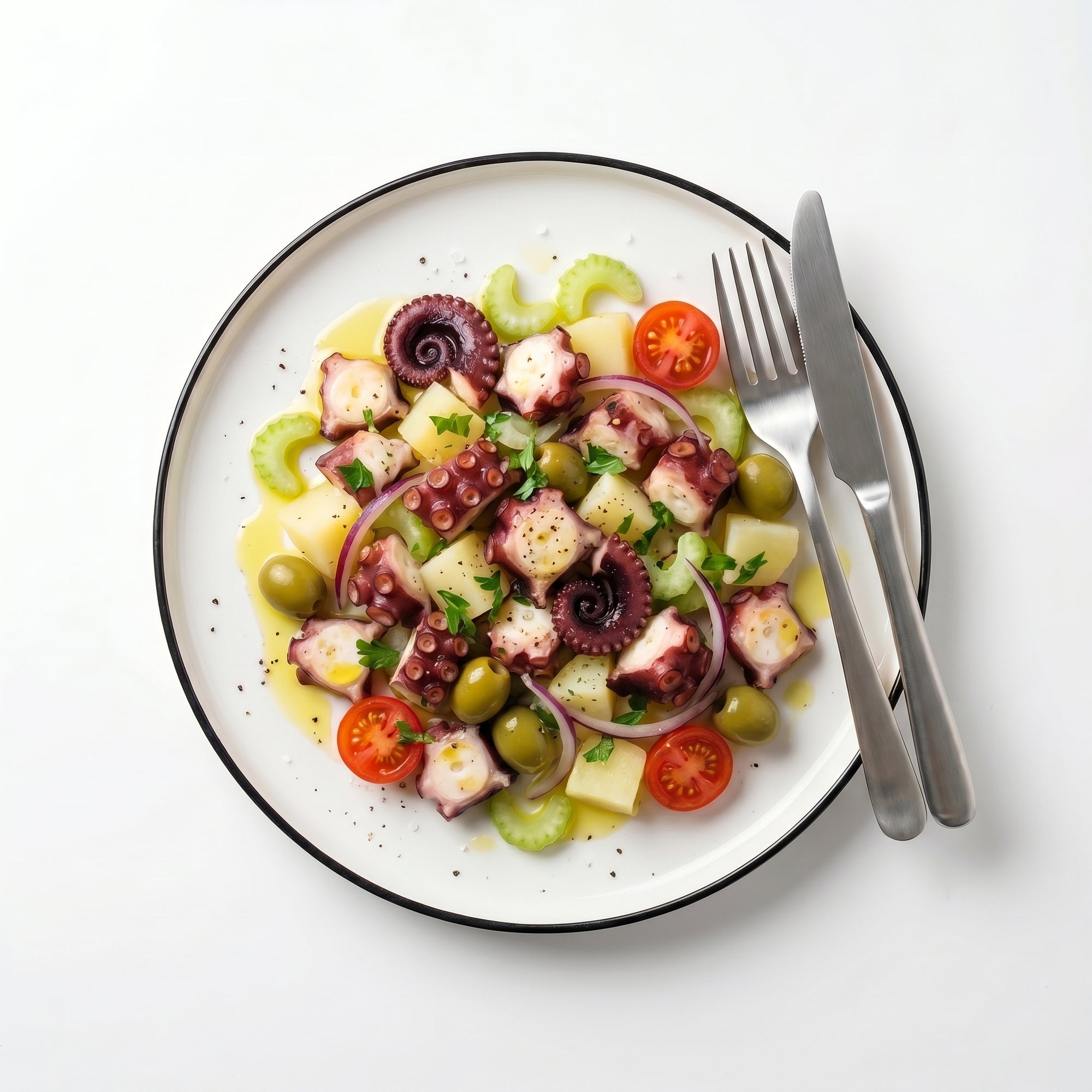 Insalata di Polpo — salată rece italiană cu caracatiță bucăți, cartofi, țelină, măsline