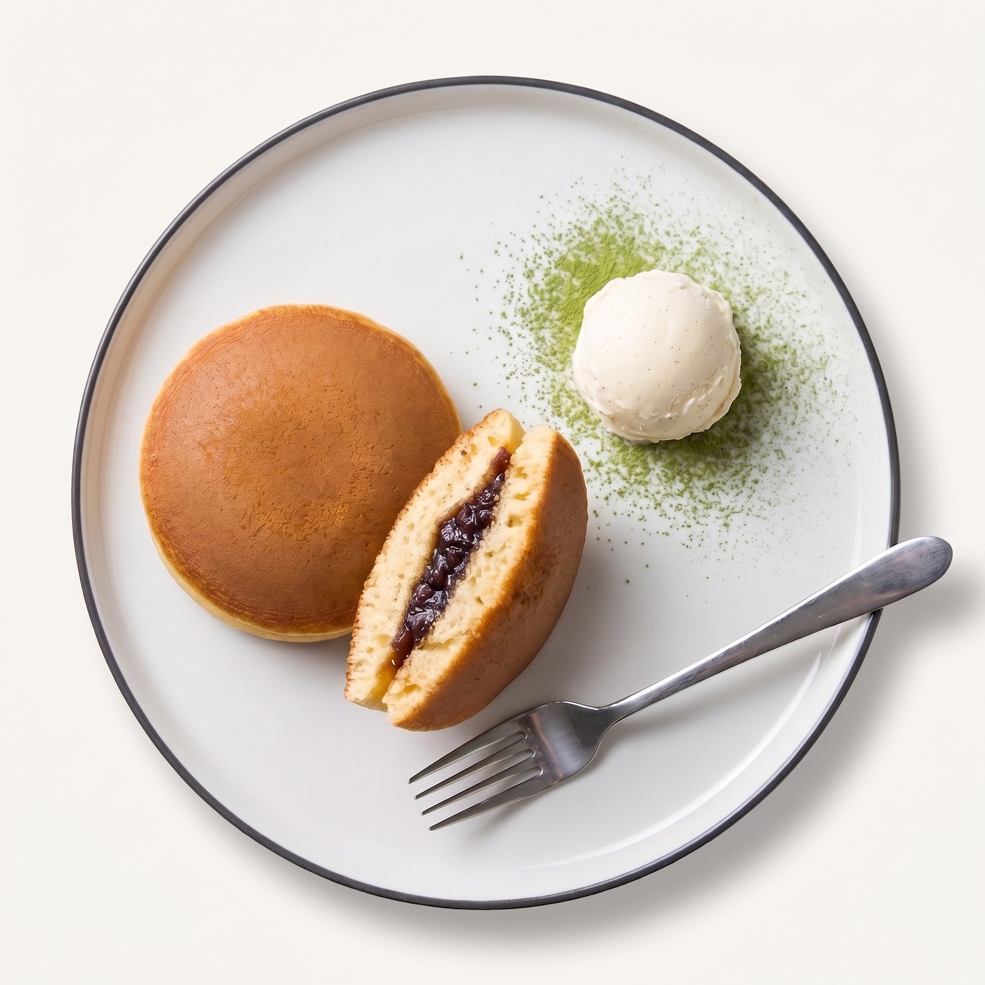 Dorayaki clasic servit pe farfurie cu înghețată de vanilie și matcha