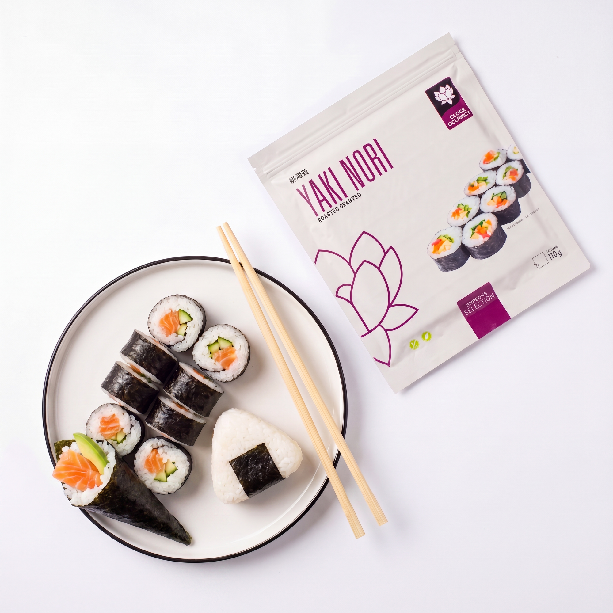 Yaki Nori - maki rolls, temaki si onigiri pe farfurie cu punga de alge