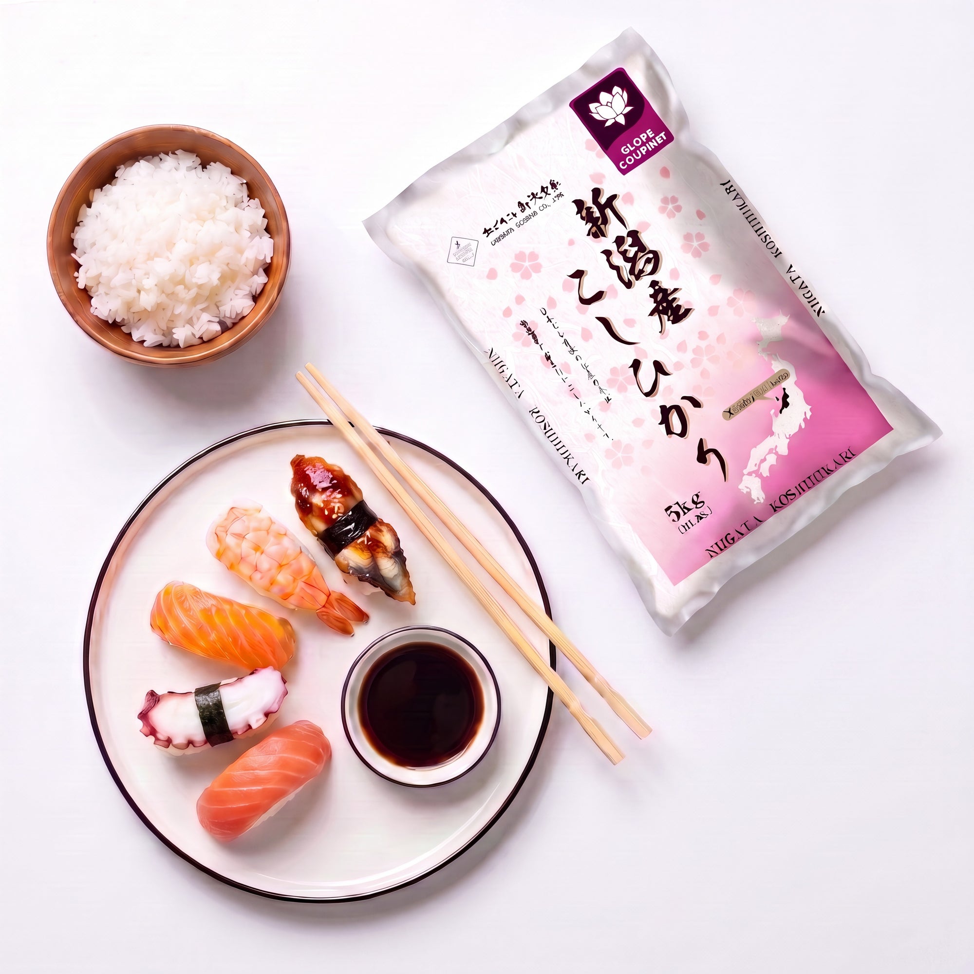 Nigiri variat cu orez sushi Koshihikari - somon, ebi, unagi si caracatita, langa punga de orez japonez si bol cu orez fiert