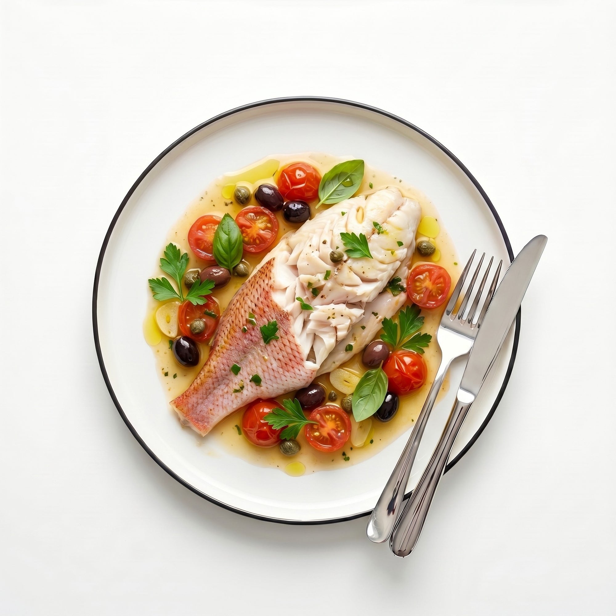 Red snapper all acqua pazza cu rosii cherry si masline