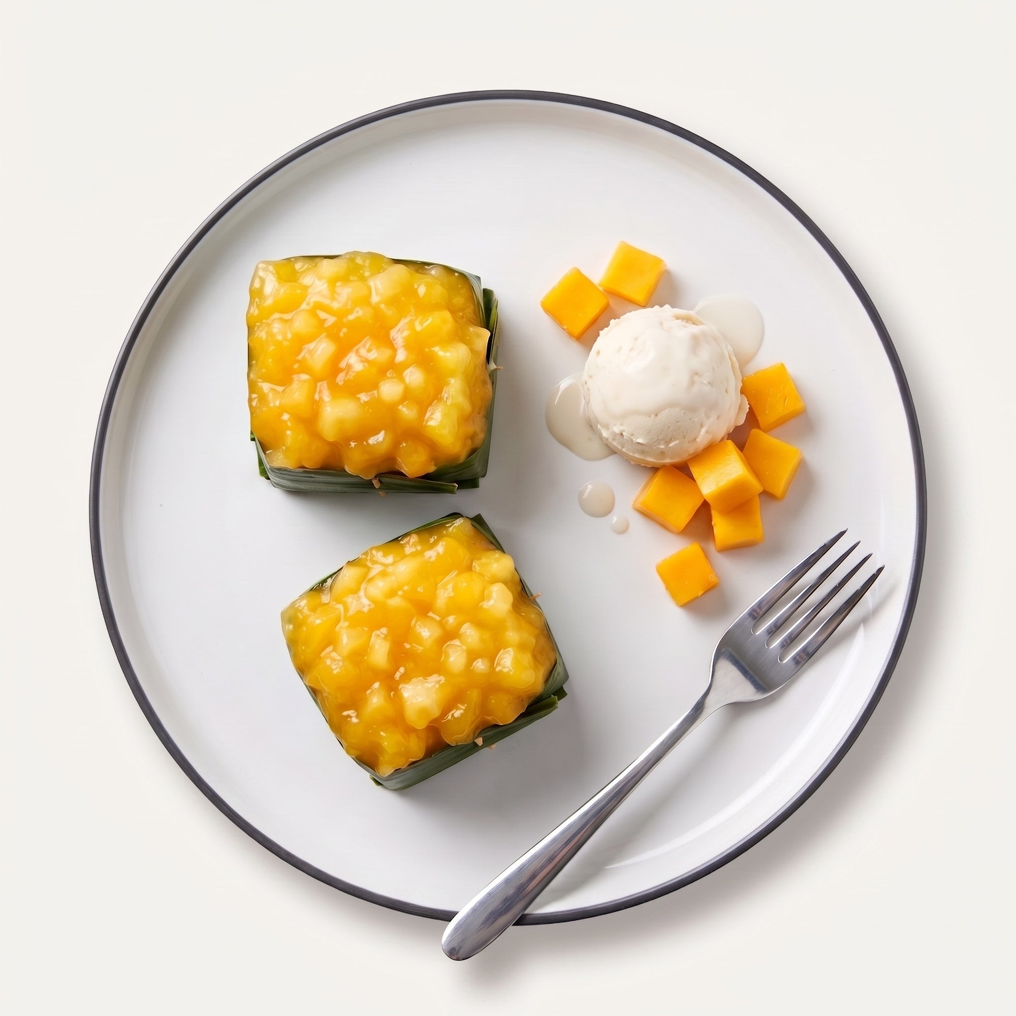 Rice mango servit pe farfurie cu înghețată de vanilie și cuburi de mango