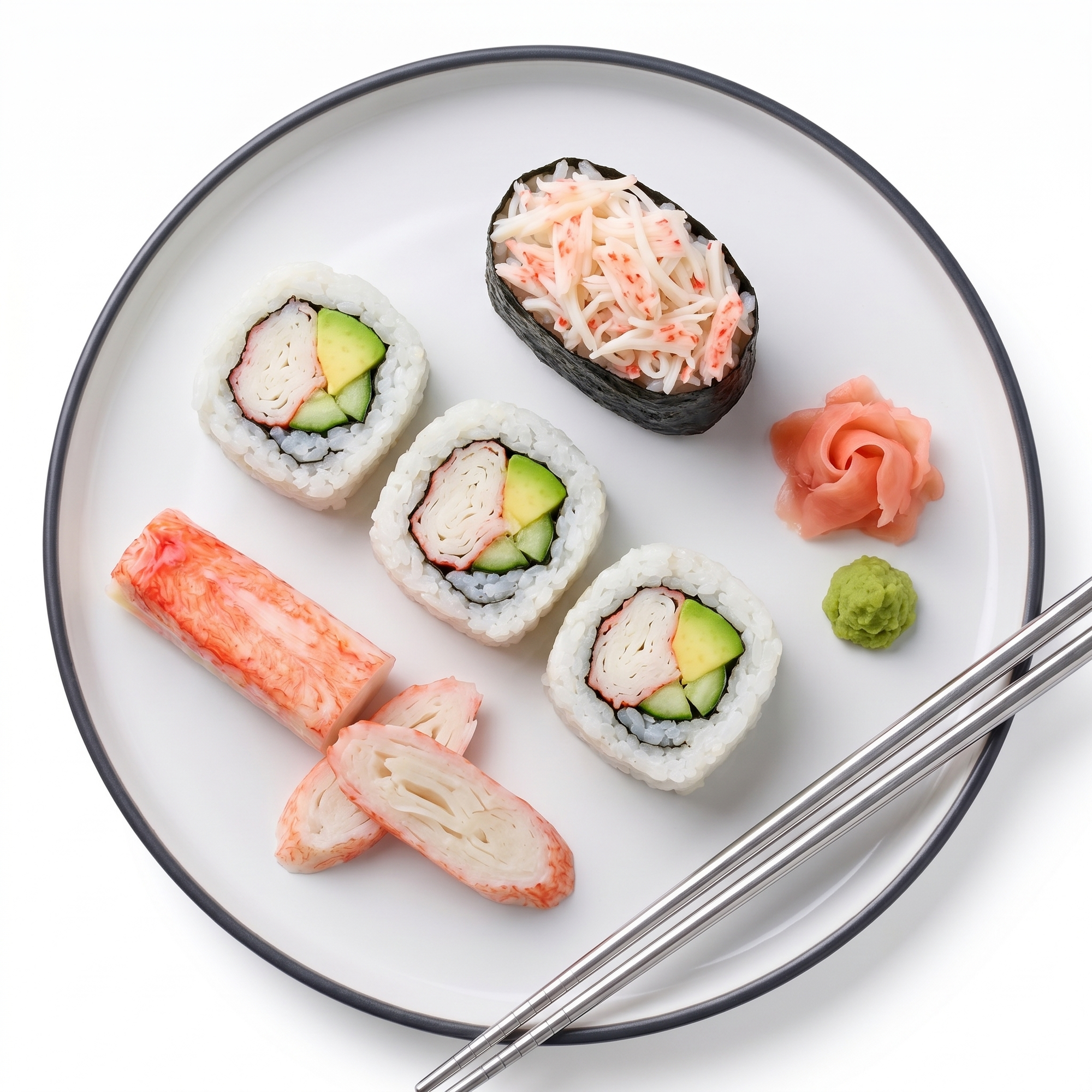 Surimi Kanimi Premium savurat – maki kani, gunkan kani, bețișoare surimi întreg și feliat, gari, wasabi – SeriosFood