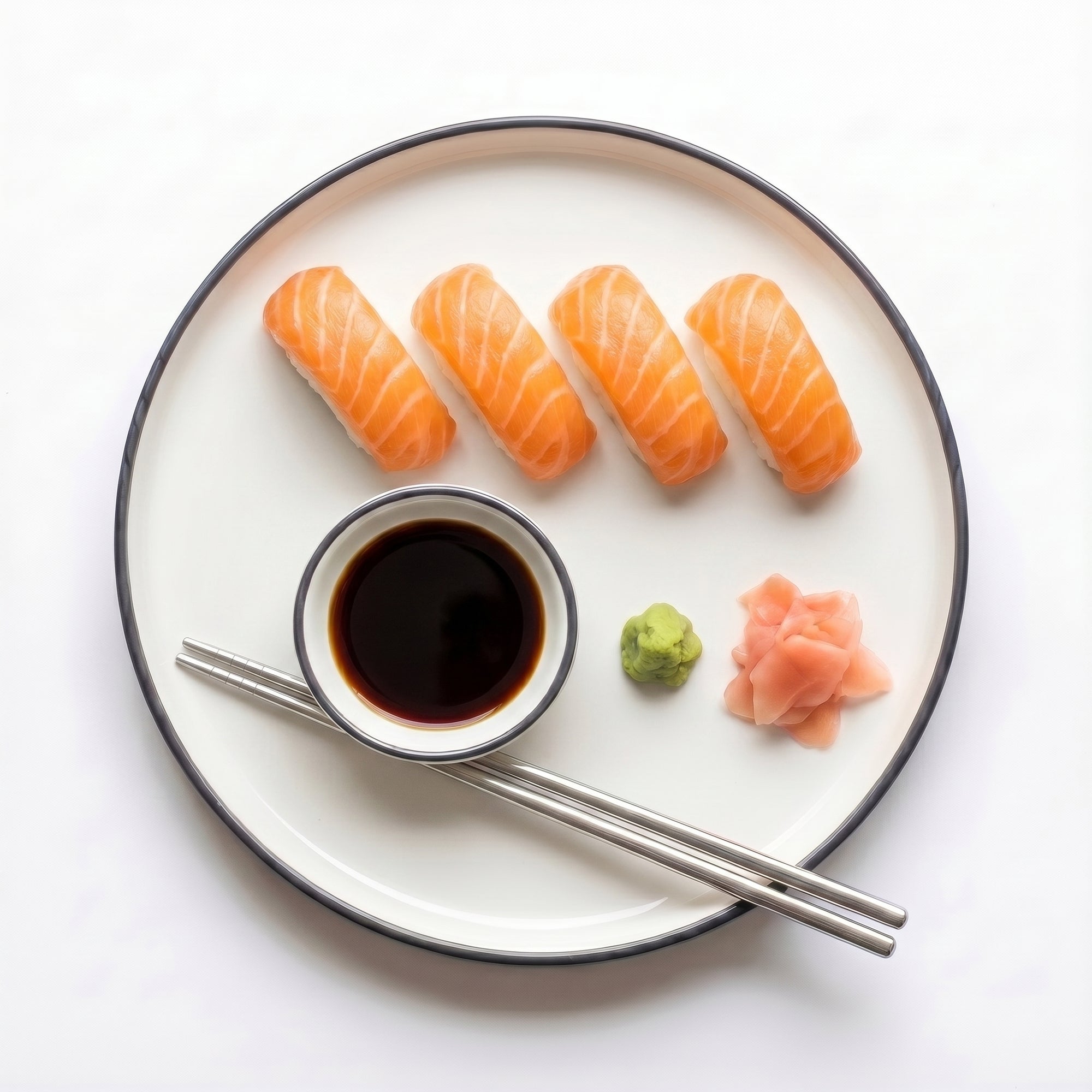 Cum savurezi Topping Somon — 4 nigiri cu shoyu, wasabi, ghimbir