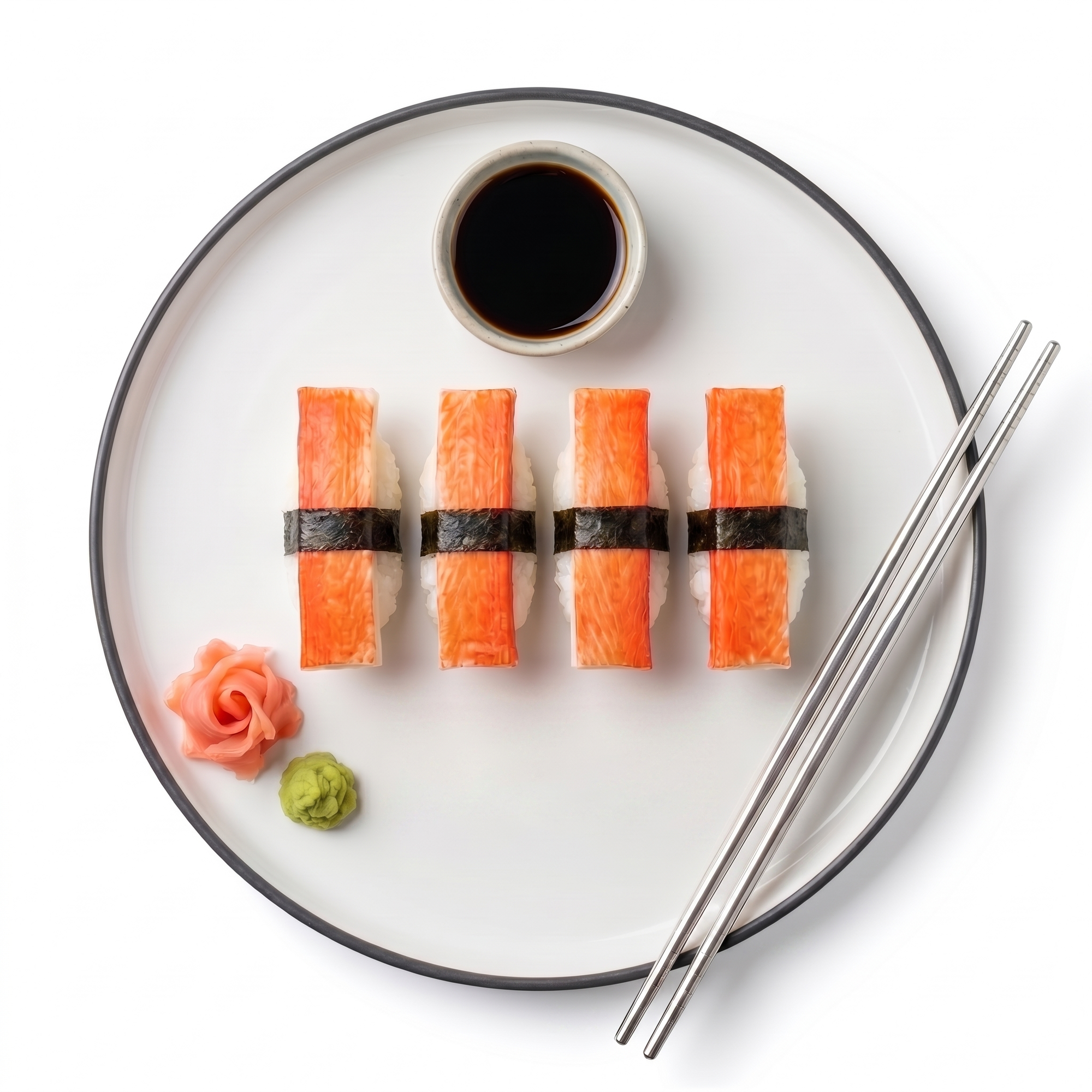 Topping Surimi savurat – nigiri kani cu bandă nori, sos soia, gari, wasabi – SeriosFood