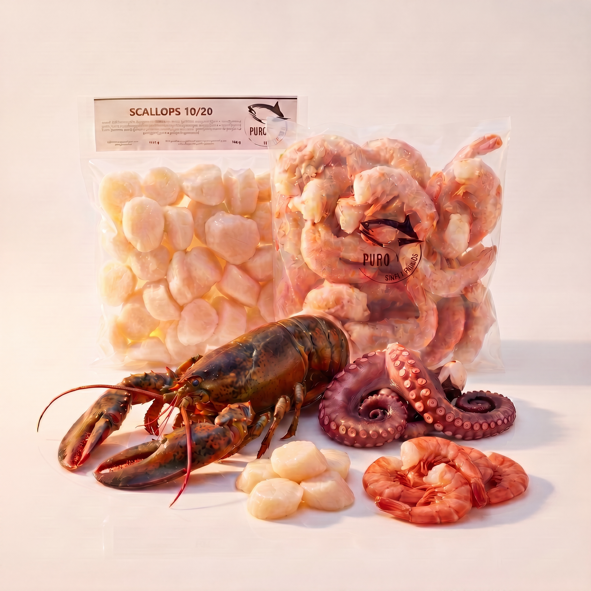 Seafood Exquisite SeriosFood — homar întreg crud, scoici Saint-Jacques, creveți argentinieni roșii easy-peel, tentacule de caracatiță