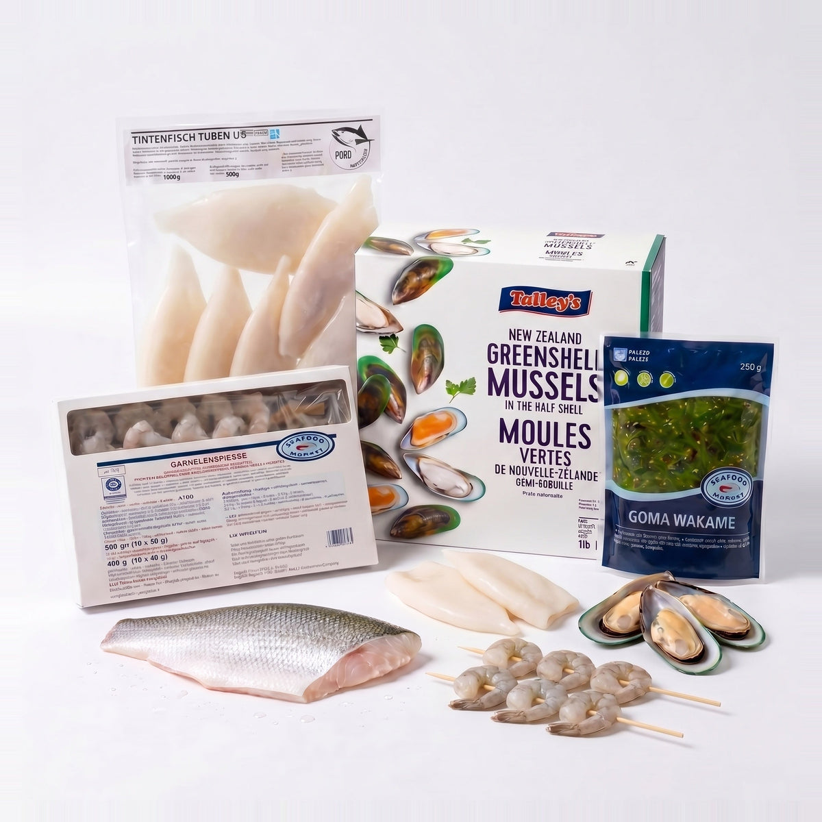 Seafood Grill SeriosFood - cutie fructe de mare premium la gratar: midii verzi Noua Zeelanda, tuburi calamar, frigarui creveti, file barramundi, salata wakame