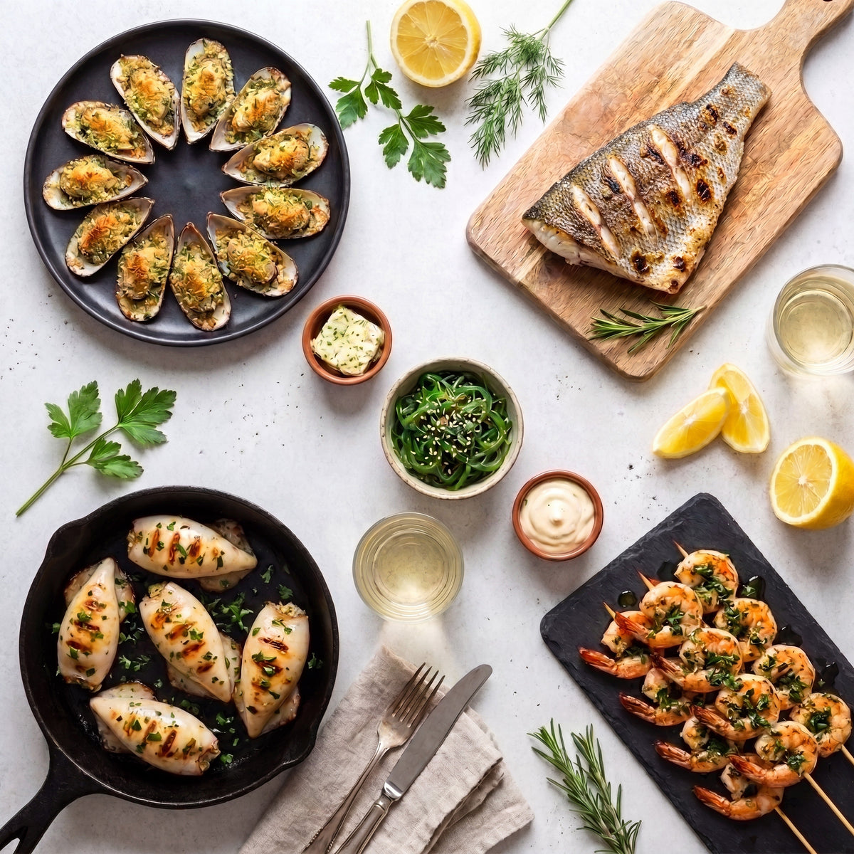 Seafood Grill SeriosFood - masa cu fructe de mare la gratar: midii gratinate, file barramundi pe planseta, calamar tuburi in tigaie de fonta, frigarui creveti pe ardezie, salata goma wakame, vin alb, lamaie si ierburi pe fundal de beton alb