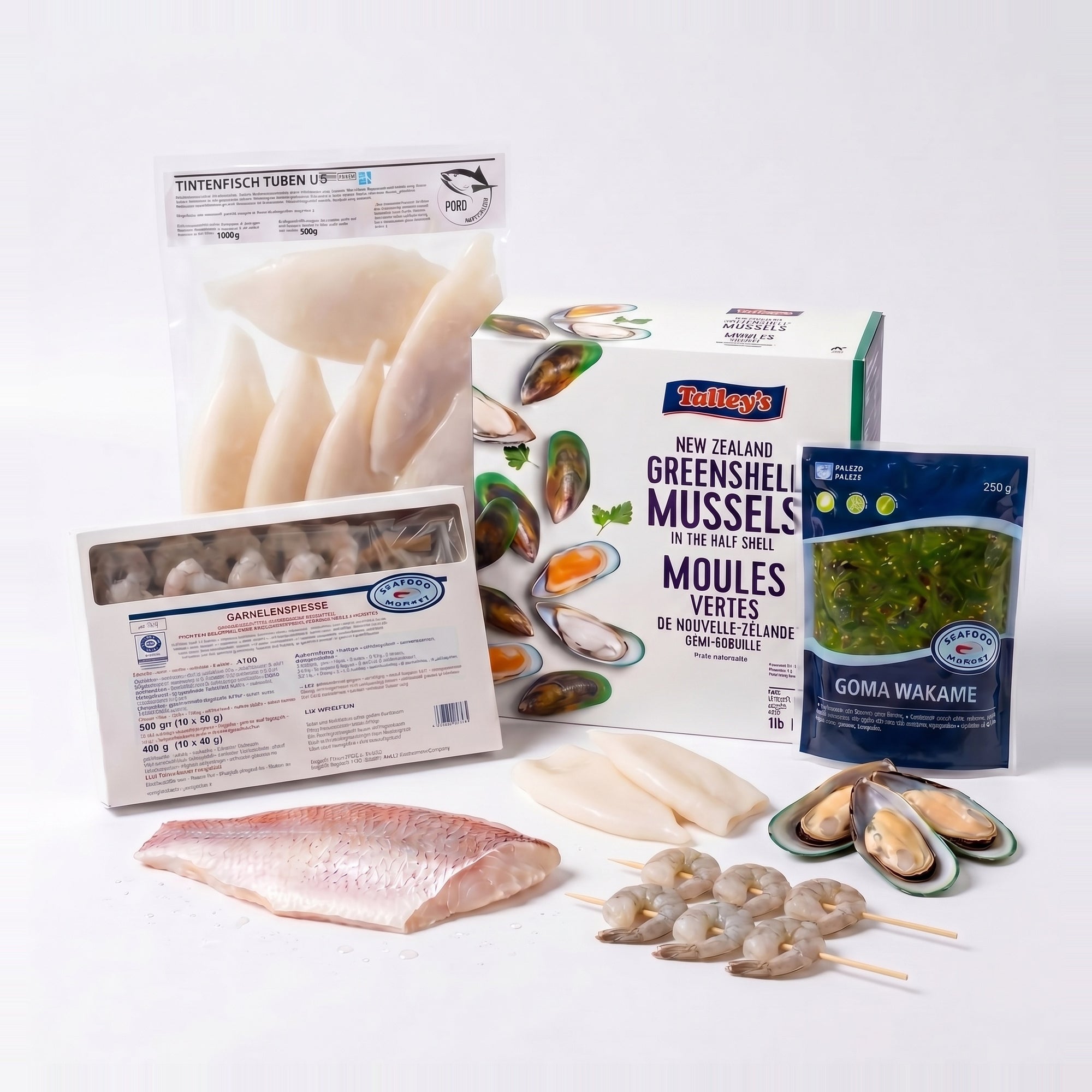 Seafood Grill SeriosFood - cutie fructe de mare premium la gratar: midii verzi Noua Zeelanda, tuburi calamar, frigarui creveti, file red snapper, salata wakame